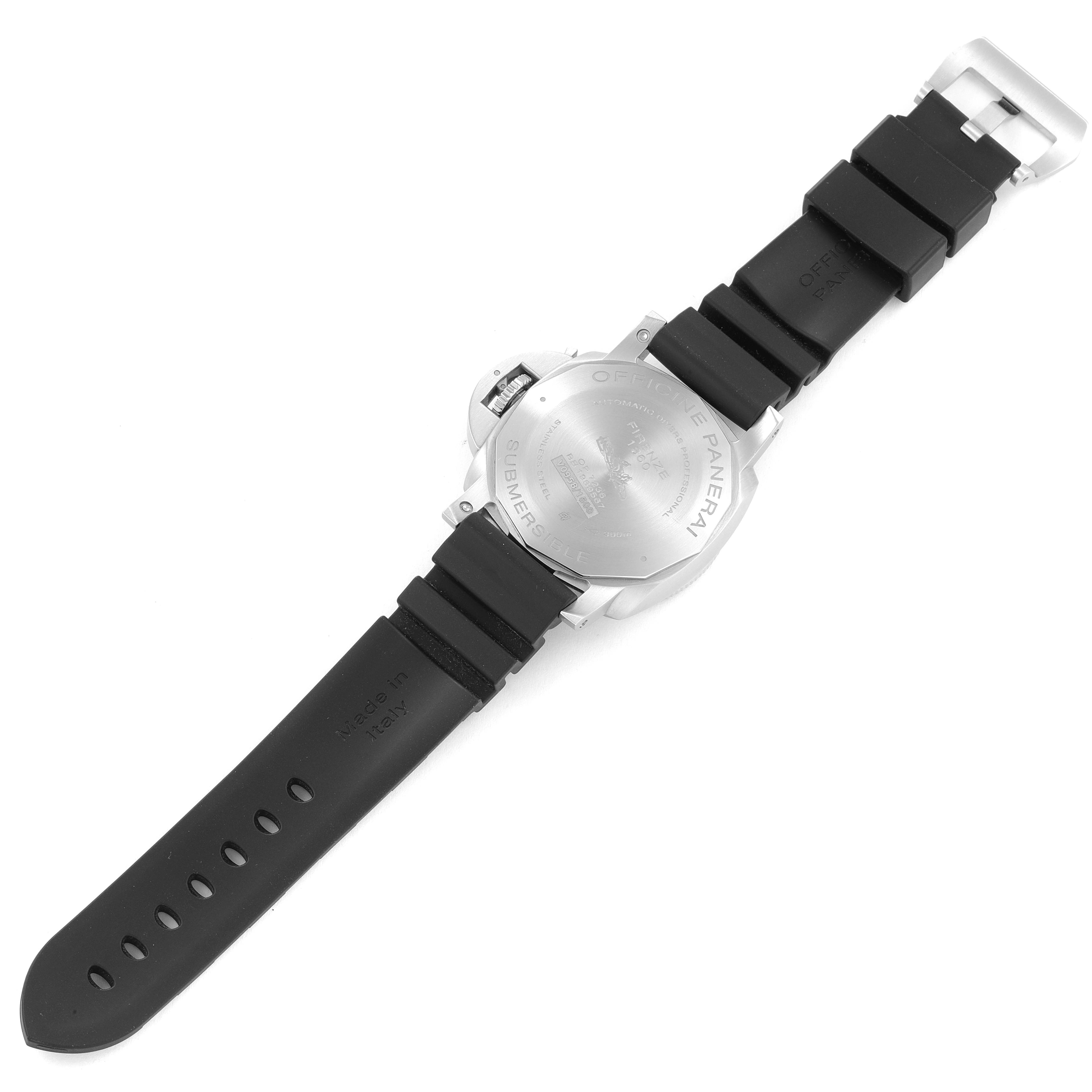 The image shows the back case and black strap of a Panerai Submersible PAM00973 Men's Stainless Steel Black Dial PAM00973 Men's Stainless Steel Black Dial watch.