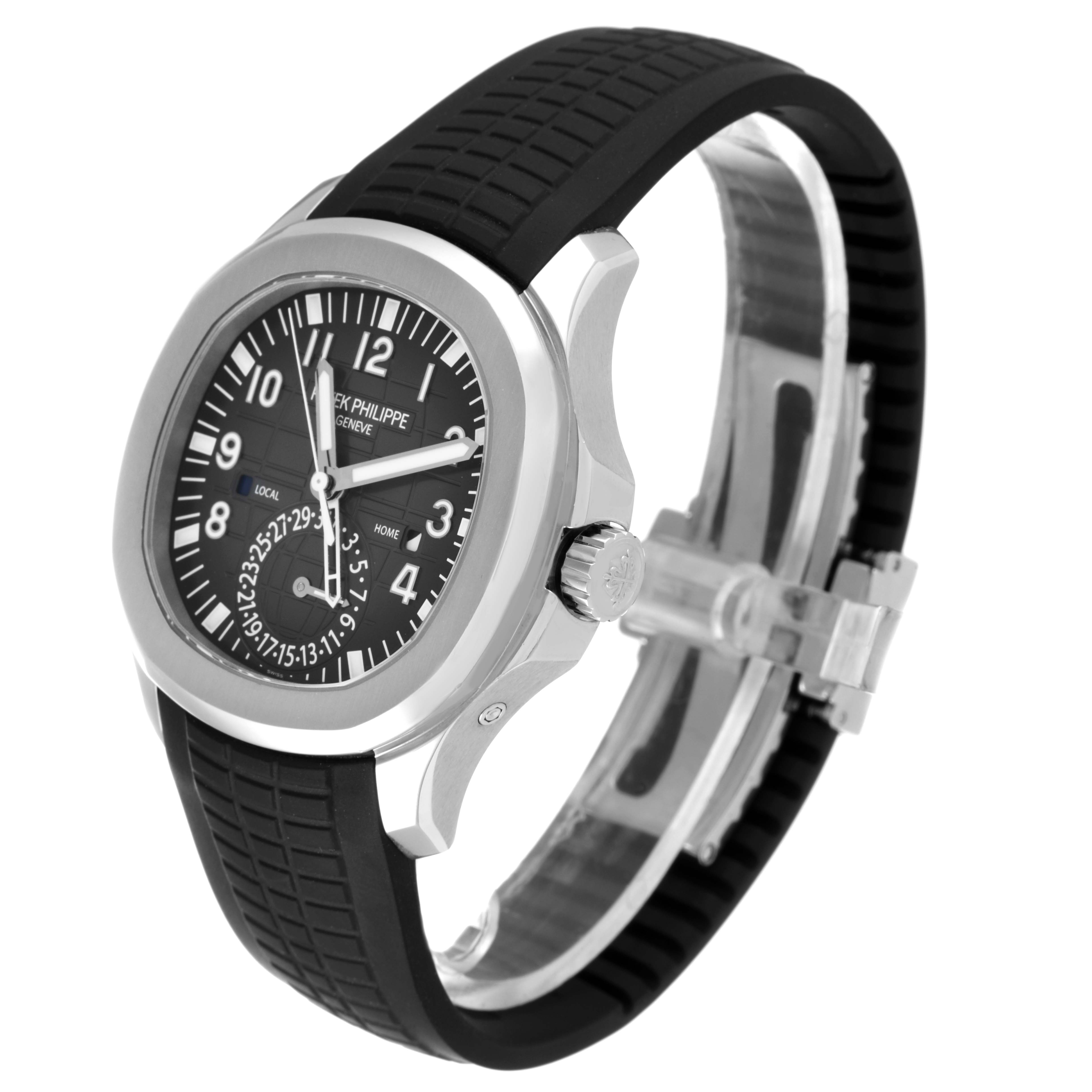 The image shows a side view of the Patek Philippe Aquanaut 5164A Men's Stainless Steel Black Dial 5164A Men's Stainless Steel Black Dial watch, highlighting the face, bezel, and rubber strap.