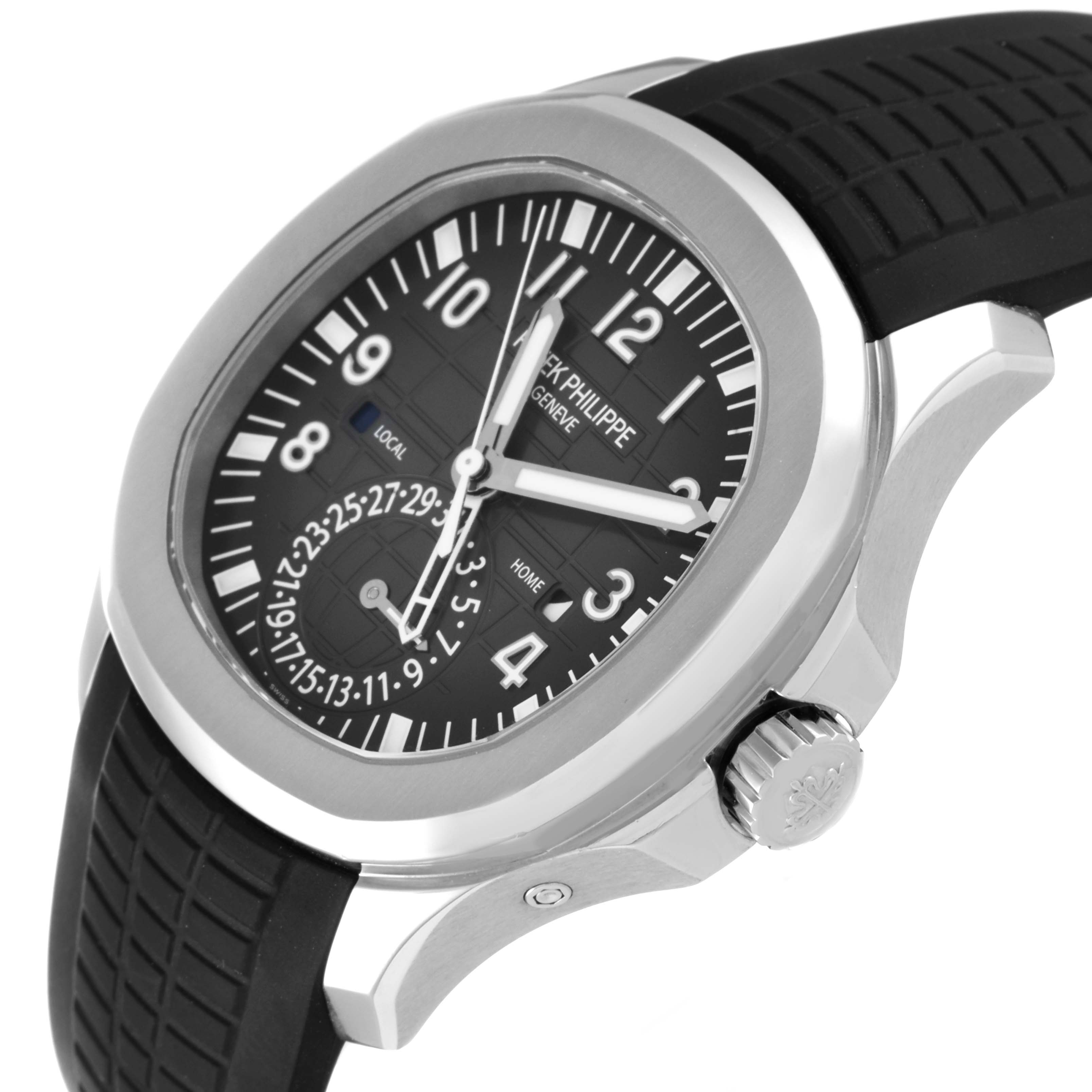 This image shows a close-up angled side view of the Patek Philippe Aquanaut 5164A Men's Stainless Steel Black Dial 5164A Men's Stainless Steel Black Dial watch, highlighting the face, bezel, and crown.