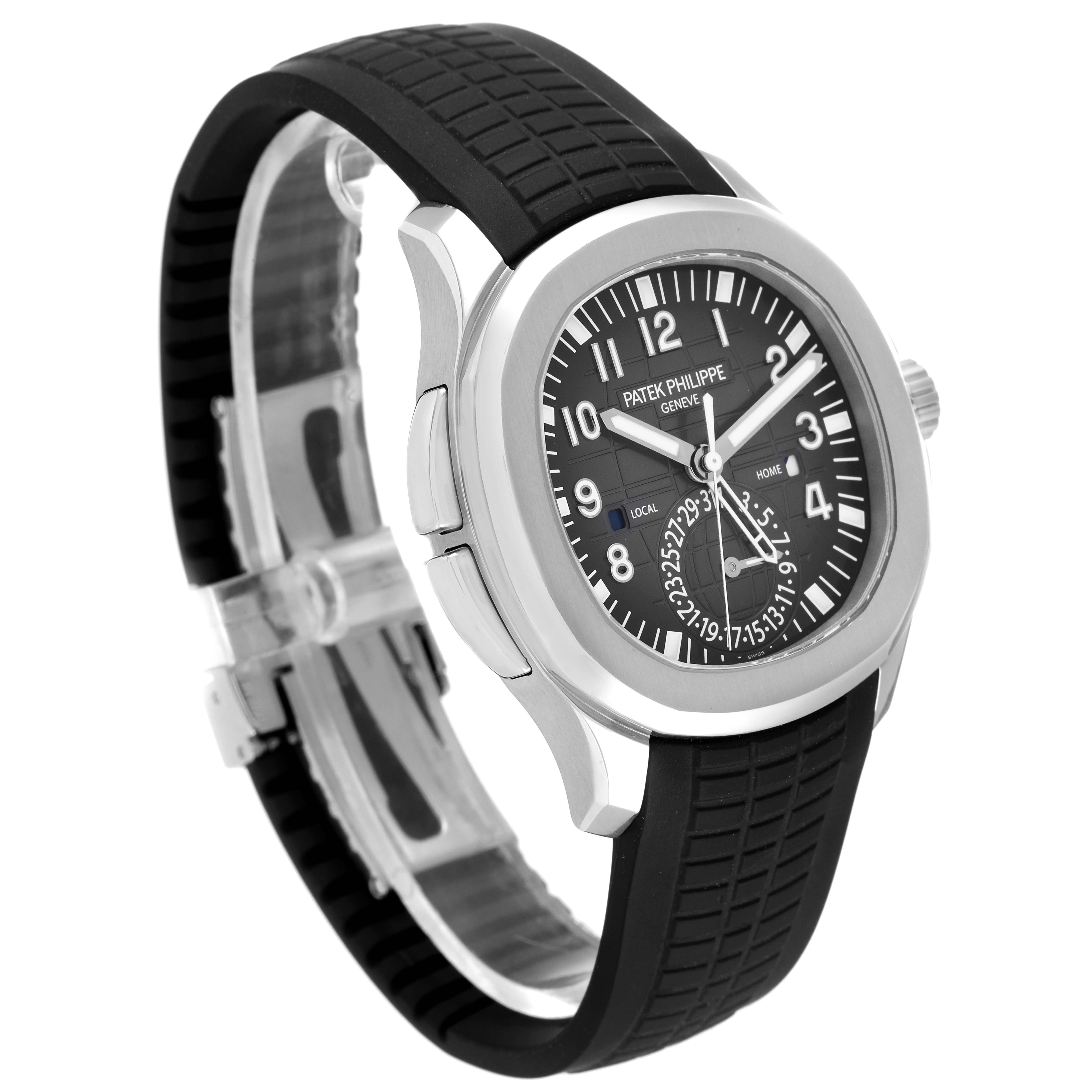 The image shows a side-angle view of a Patek Philippe Aquanaut 5164A Men's Stainless Steel Black Dial 5164A Men's Stainless Steel Black Dial watch, showcasing its round dial, black rubber strap, and clasp.