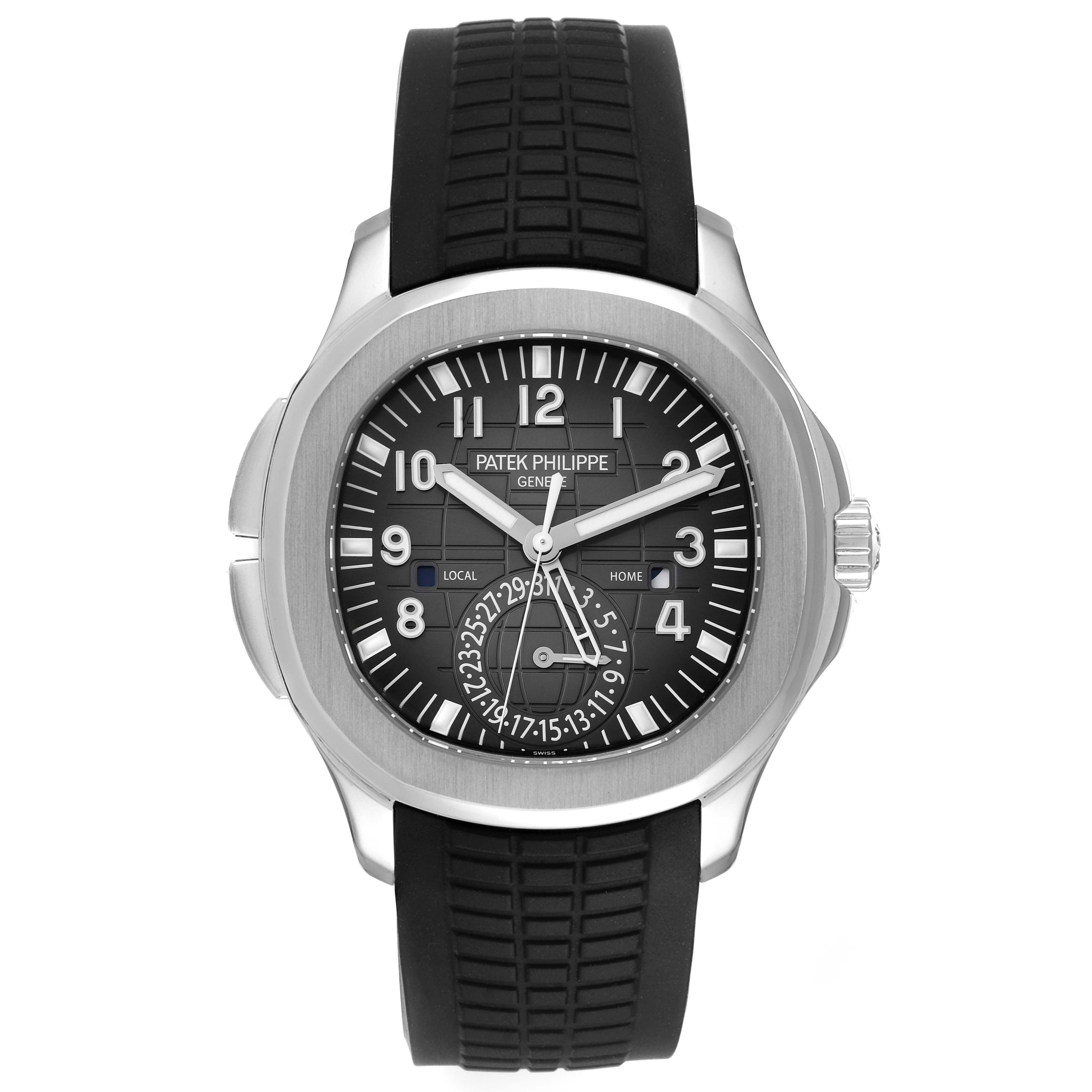 The image shows a front view of the Patek Philippe Aquanaut 5164A Men's Stainless Steel Black Dial 5164A Men's Stainless Steel Black Dial watch.