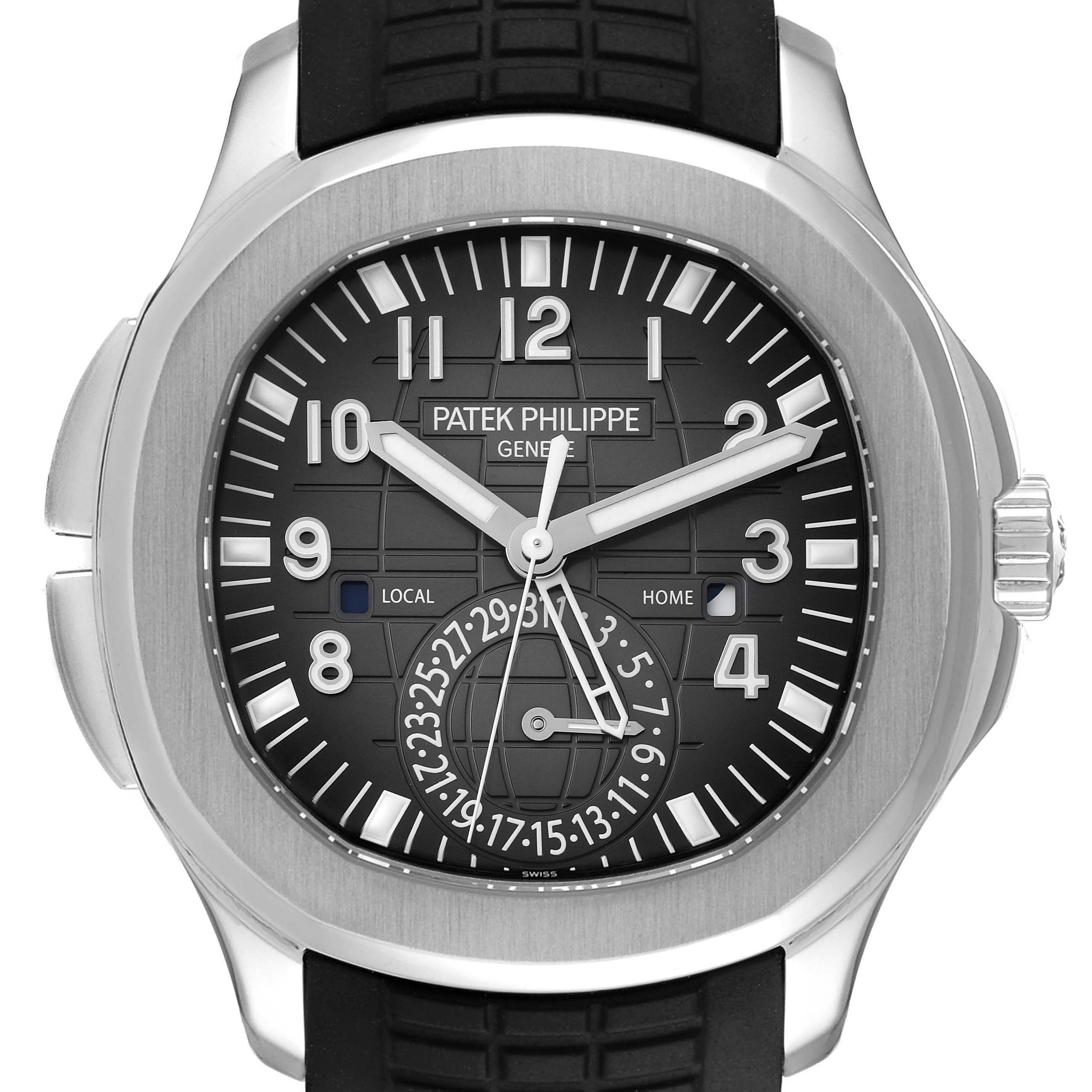 This image shows a front view of the Patek Philippe Aquanaut 5164A Men's Stainless Steel Black Dial 5164A Men's Stainless Steel Black Dial watch, highlighting its dial and hour markings.