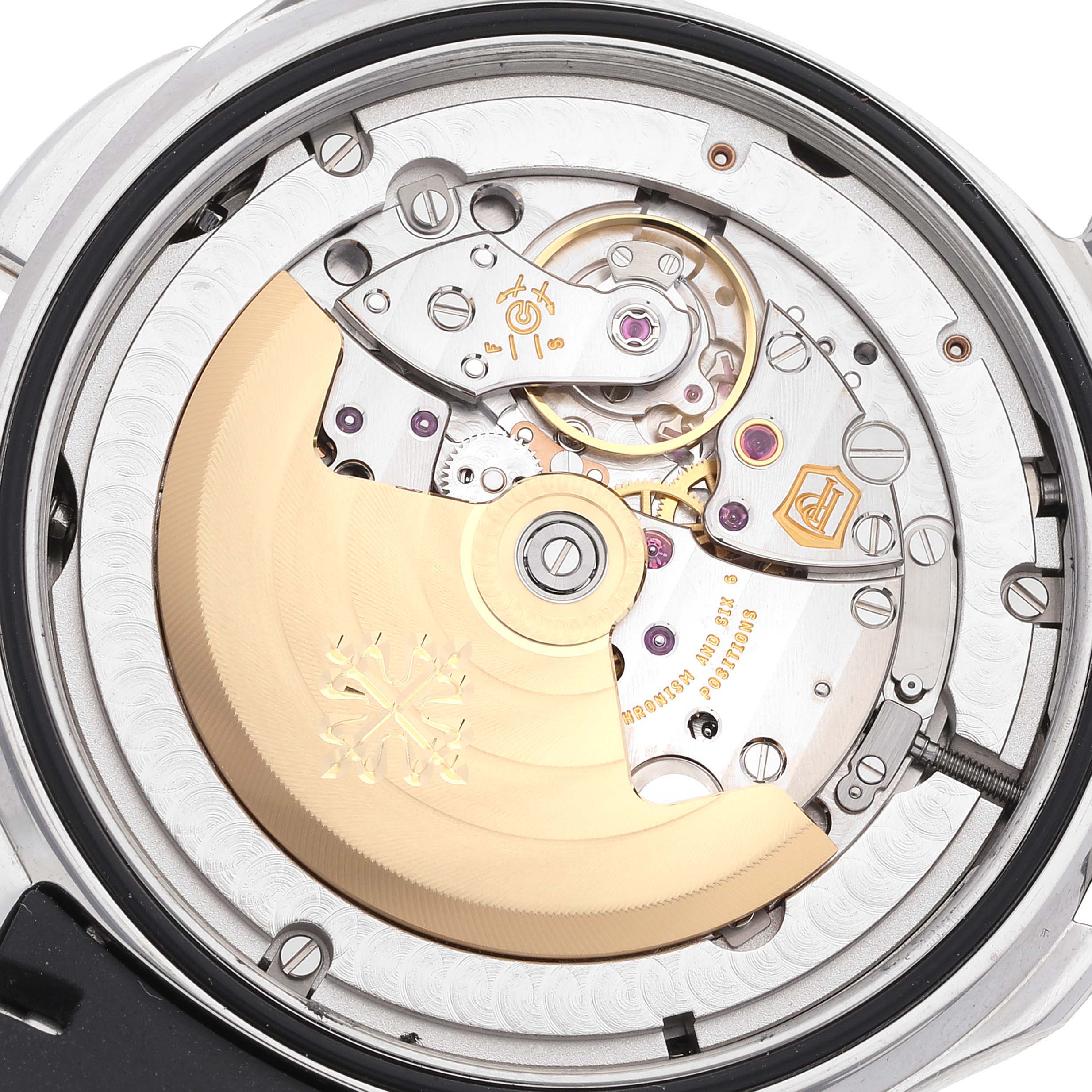 This image shows the movement mechanism of a Patek Philippe Aquanaut 5164A Men's Stainless Steel Black Dial 5164A Men's Stainless Steel Black Dial watch from a rear angle.