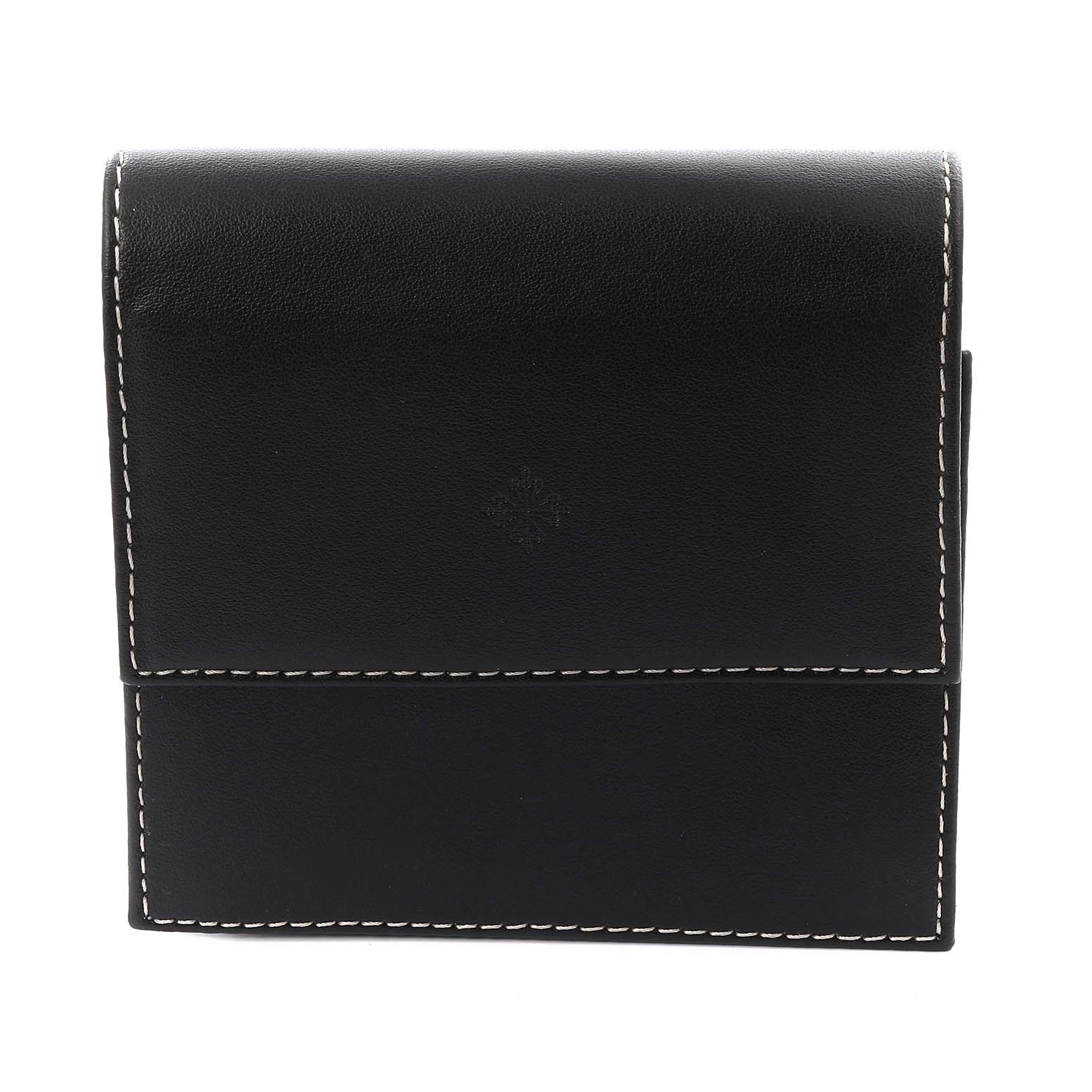 The image shows a black leather case for a Patek Philippe Calatrava 3919J Men's Yellow Gold White Dial 3919J Men's Yellow Gold White Dial watch, viewed from the front.