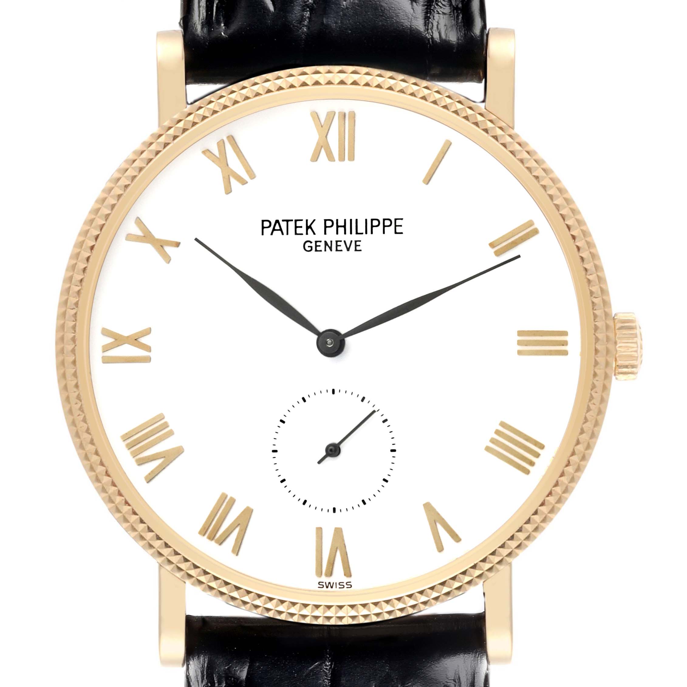 The Patek Philippe Calatrava 3919J Men's Yellow Gold White Dial 3919J Men's Yellow Gold White Dial watch is shown from the front, highlighting its dial, Roman numerals, gold bezel, and black strap.