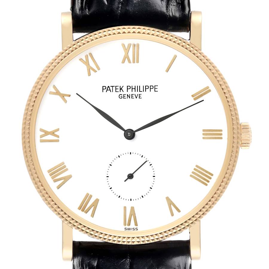 The Patek Philippe Calatrava watch is shown from the front, highlighting its dial, Roman numerals, gold bezel, and black strap.