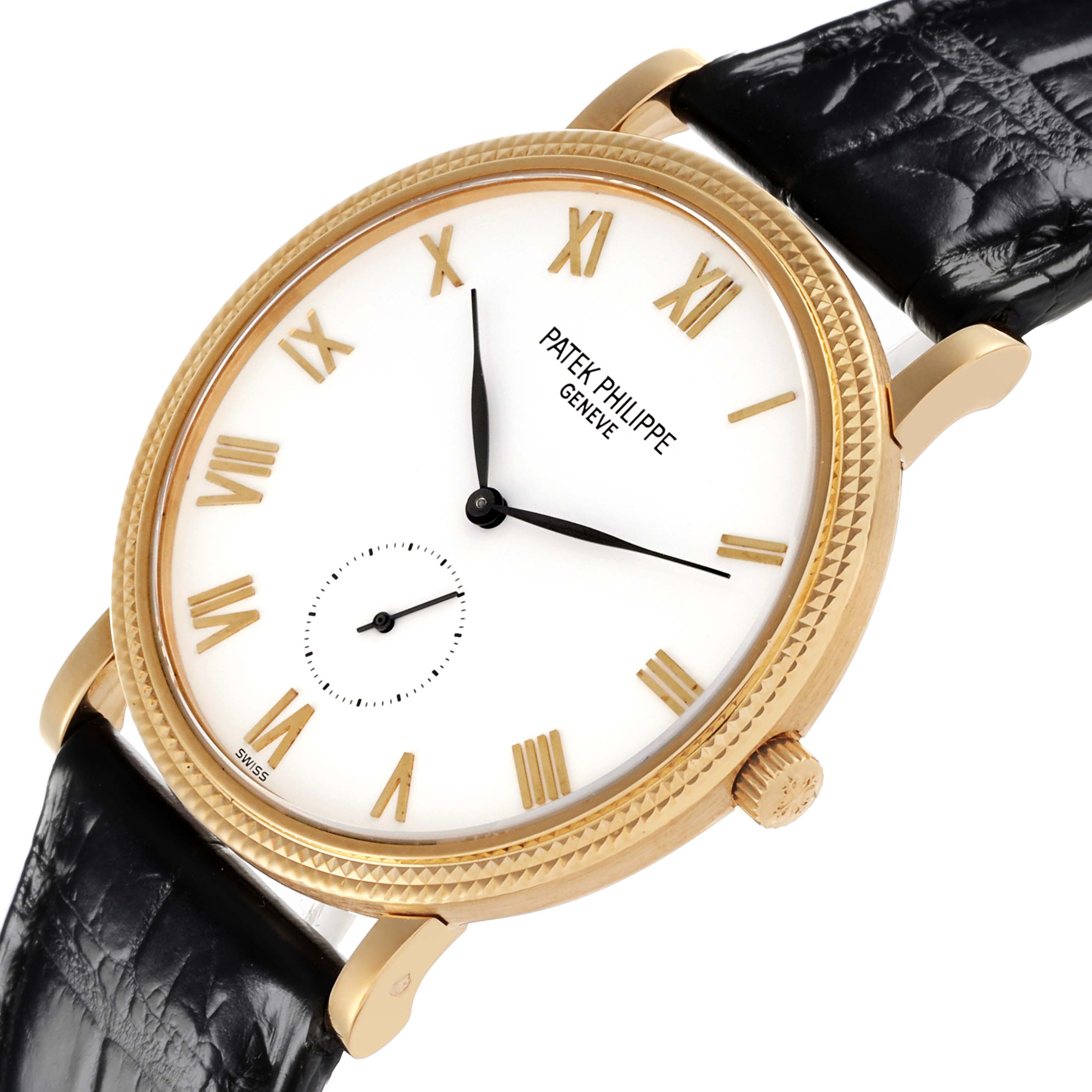 The image shows a Patek Philippe Calatrava 3919J Men's Yellow Gold White Dial 3919J Men's Yellow Gold White Dial watch at a slight side angle, highlighting its gold case, white dial, and black leather strap.