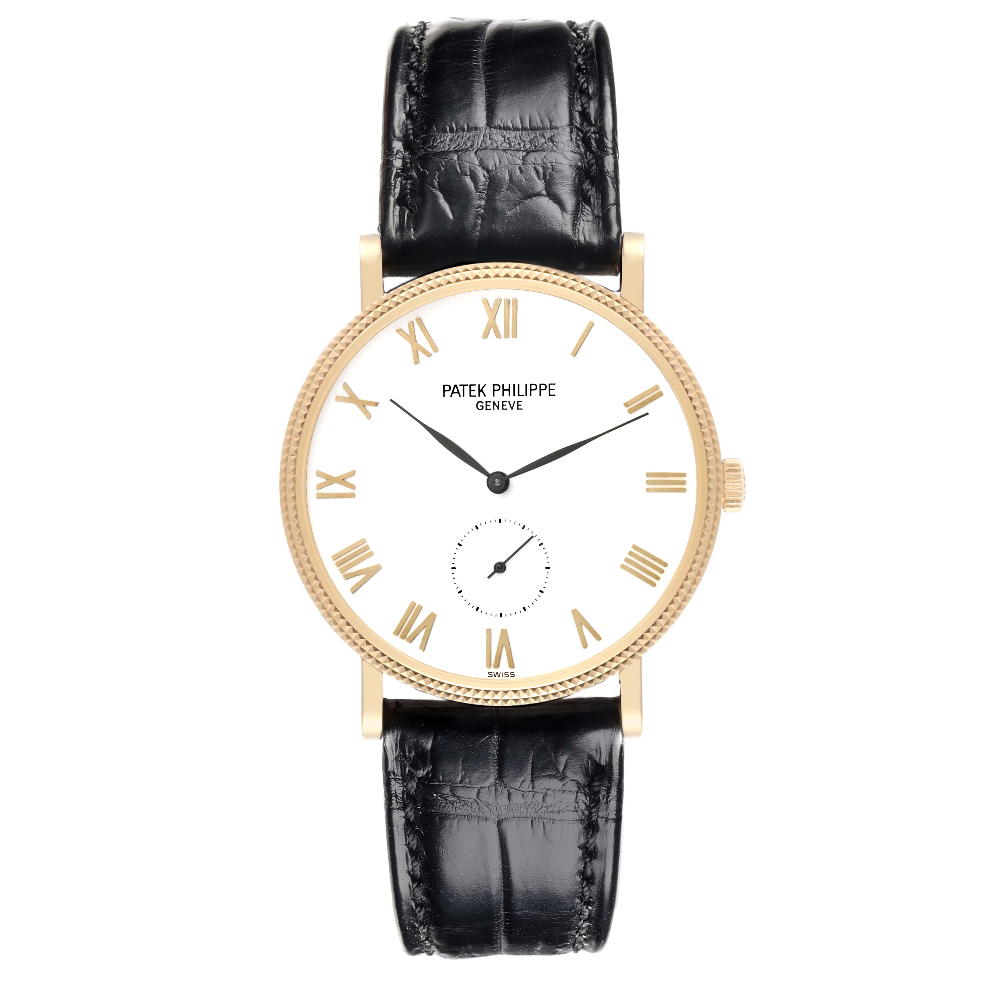 The Patek Philippe Calatrava 3919J Men's Yellow Gold White Dial 3919J Men's Yellow Gold White Dial watch is shown from a front view, highlighting the dial, hands, and black leather strap.