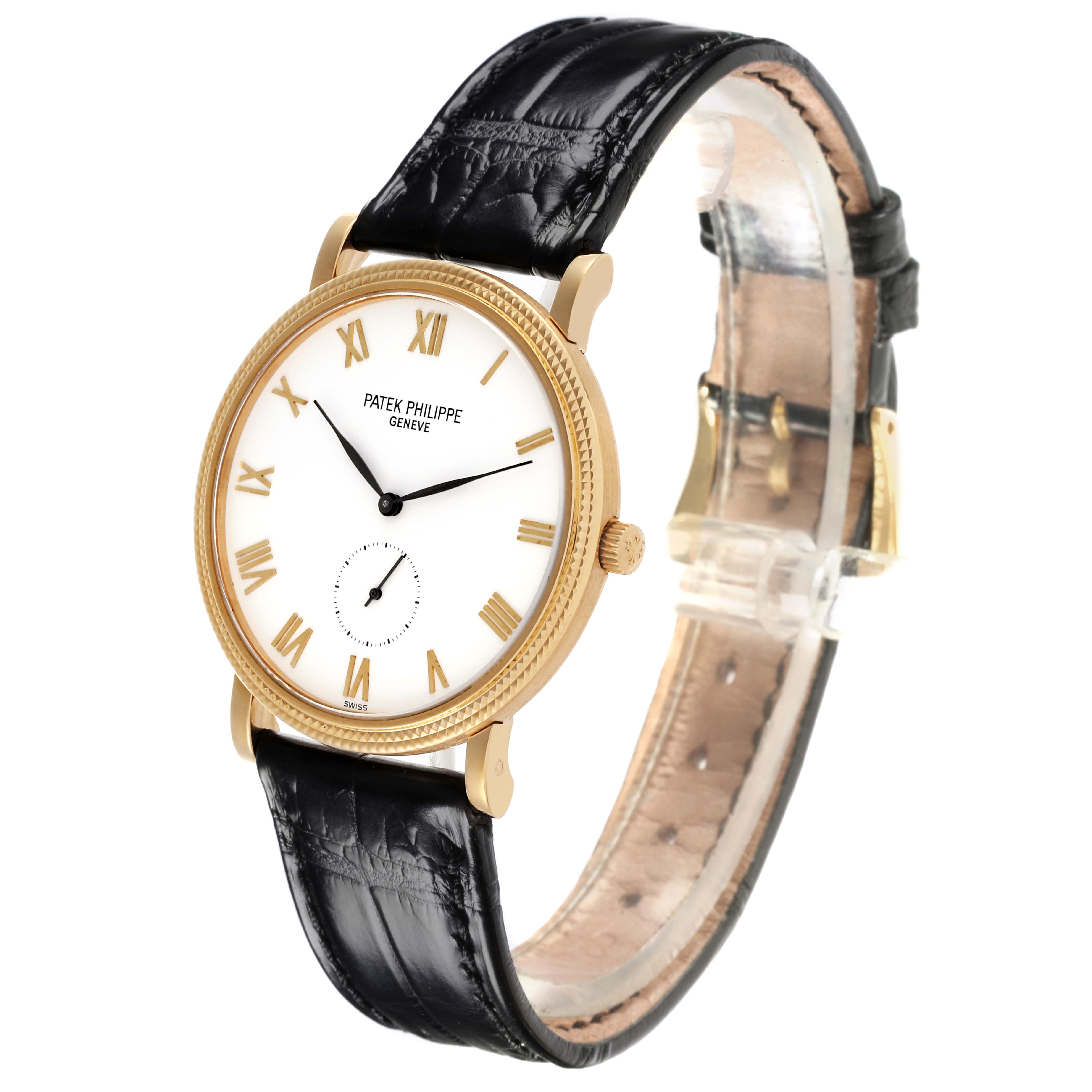 The image shows a side angle of the Patek Philippe Calatrava 3919J Men's Yellow Gold White Dial 3919J Men's Yellow Gold White Dial watch, featuring the face, bezel, crown, and leather strap.