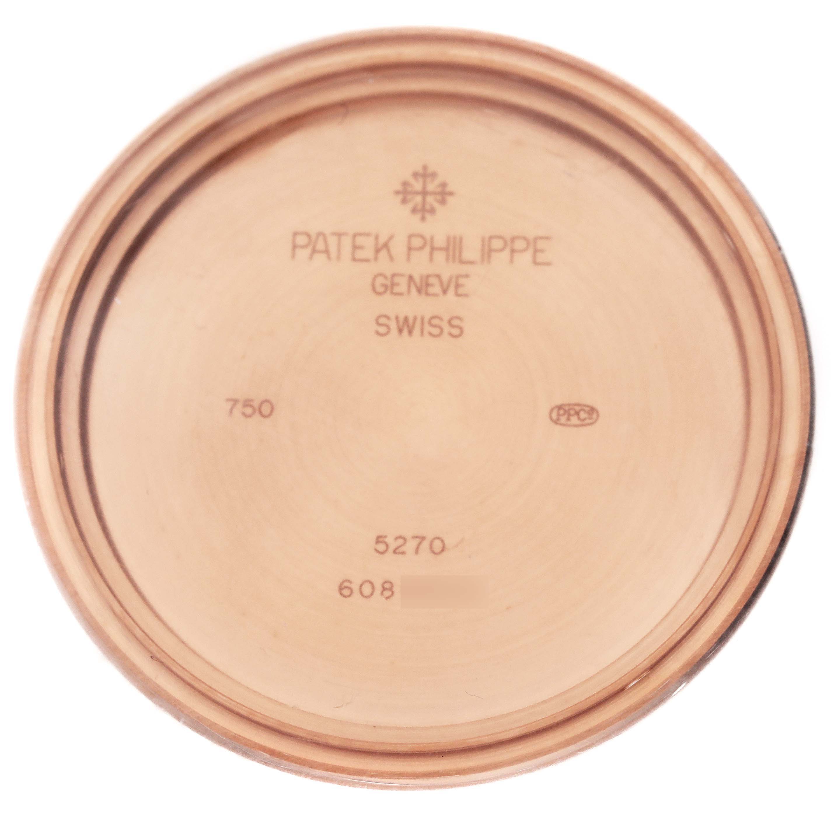 The image shows the inner side of the case back for the Patek Philippe Complications 5270R-001 Men's Rose Gold Silver Dial 5270R-001 Men's Rose Gold Silver Dial model.