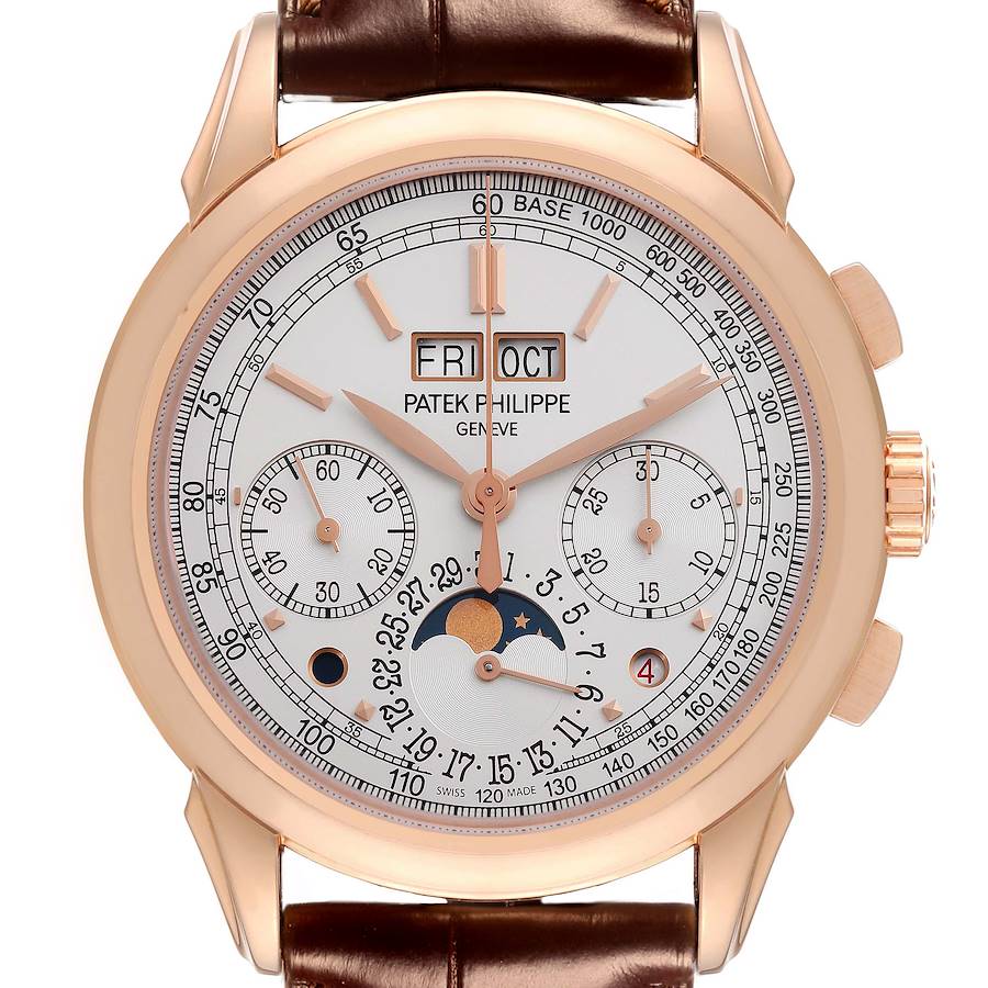 The Patek Philippe Complications watch is shown from the front, displaying its dial, sub-dials, and moon phase.