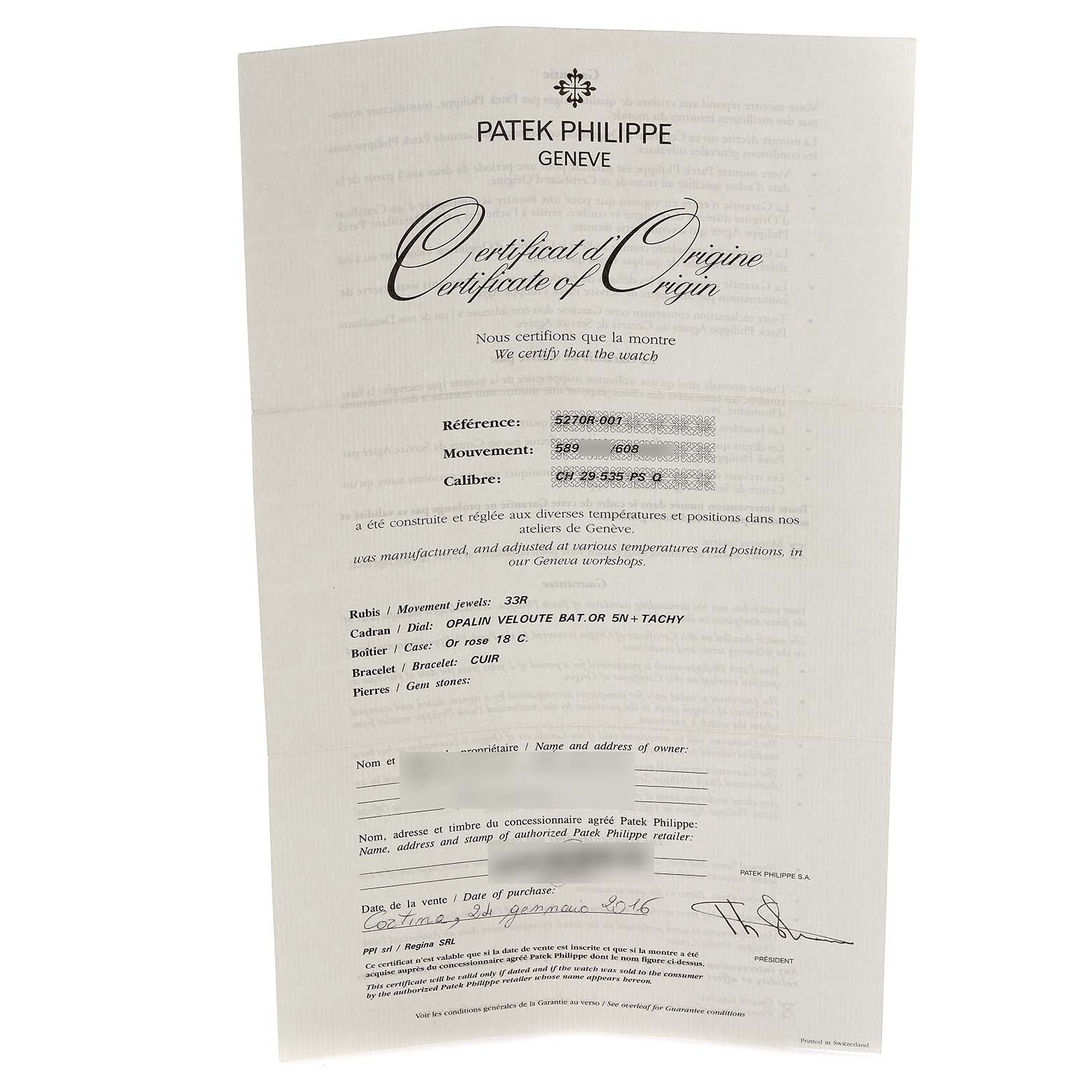 The image shows the Certificate of Origin for the Patek Philippe Complications 5270R-001 Men's Rose Gold Silver Dial 5270R-001 Men's Rose Gold Silver Dial model, detailing specifications and authenticity.
