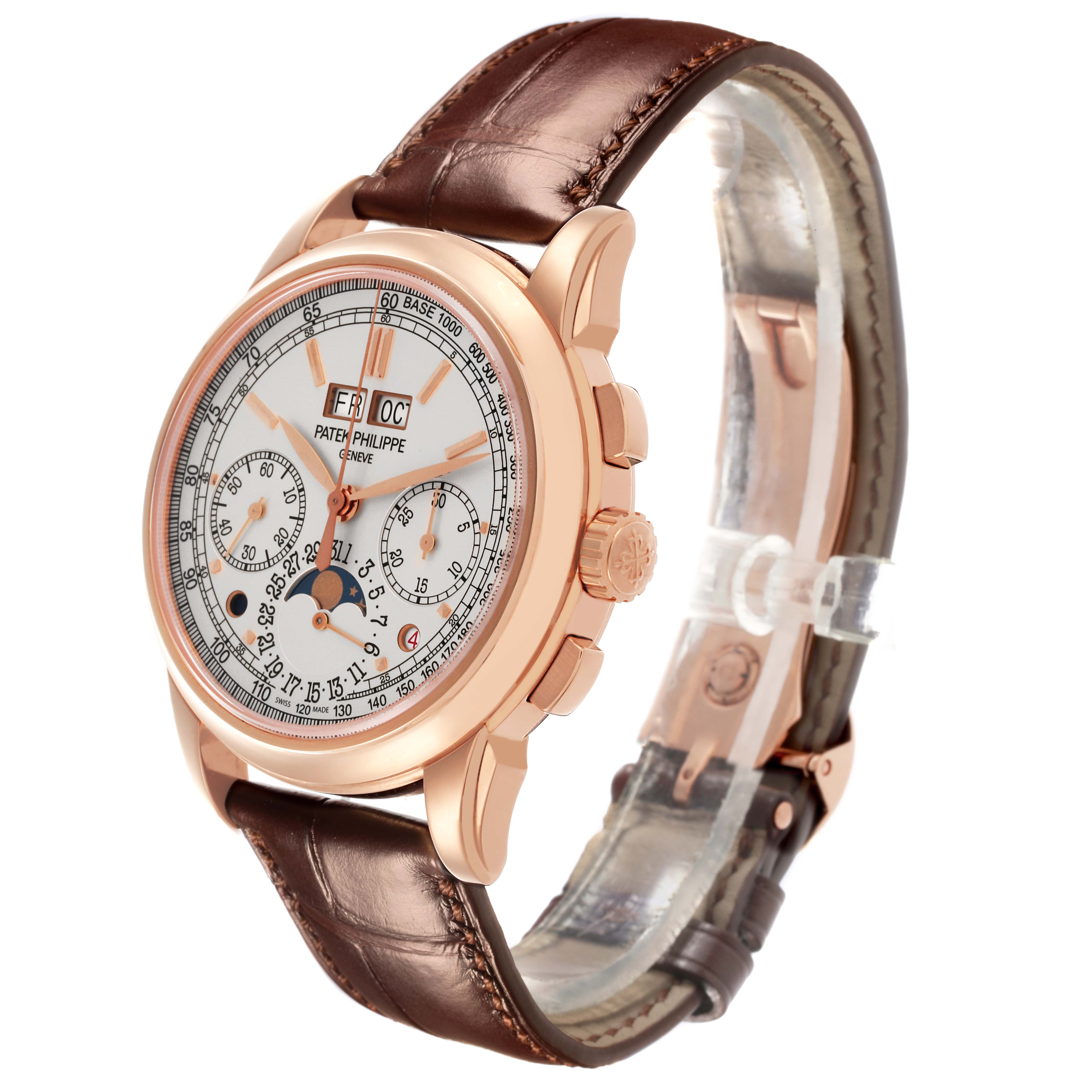 The image shows a Patek Philippe Complications 5270R-001 Men's Rose Gold Silver Dial 5270R-001 Men's Rose Gold Silver Dial watch at a three-quarter angle, highlighting the face, crown, and brown leather strap.