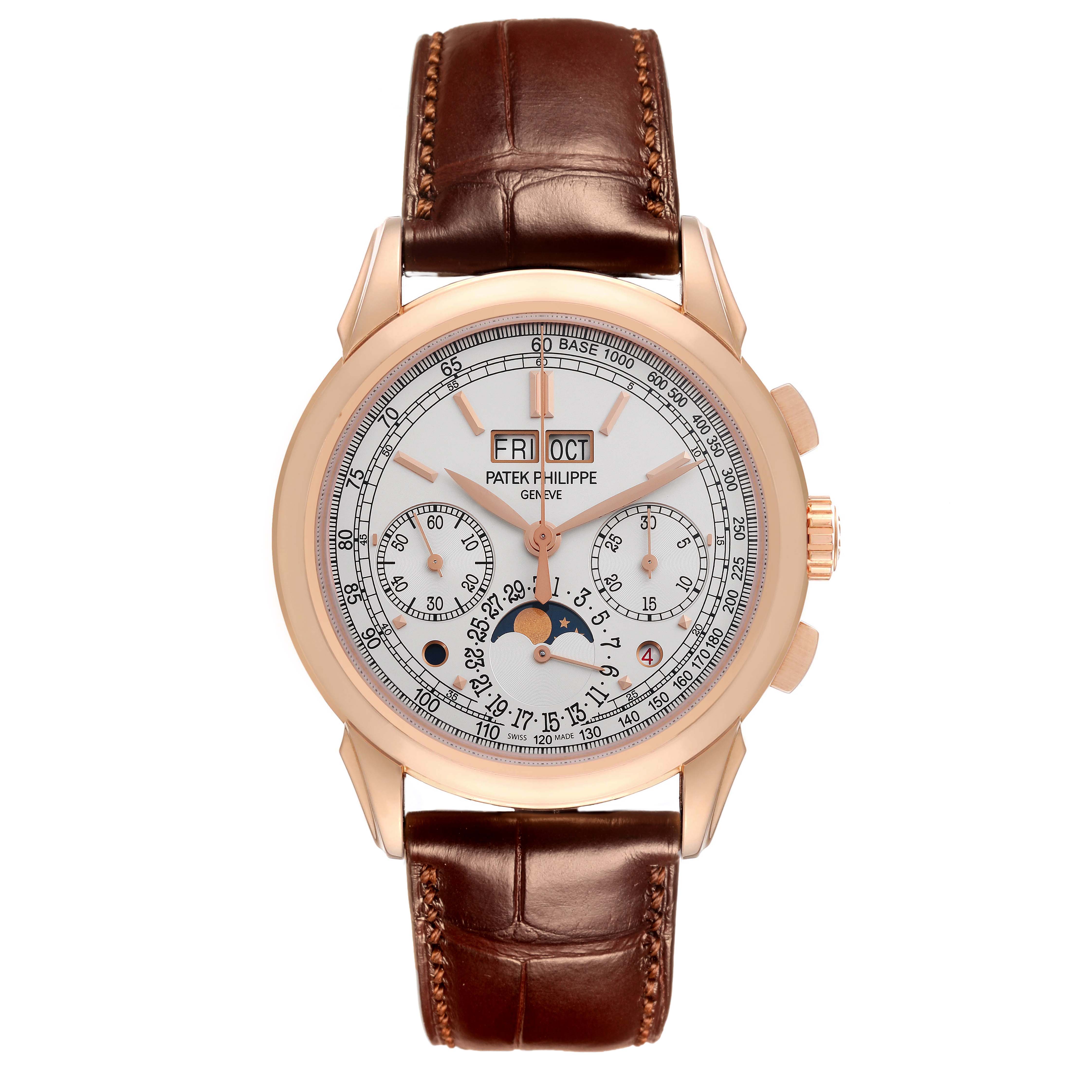 The Patek Philippe Complications 5270R-001 Men's Rose Gold Silver Dial 5270R-001 Men's Rose Gold Silver Dial watch is shown from a front view, displaying the face and leather strap.