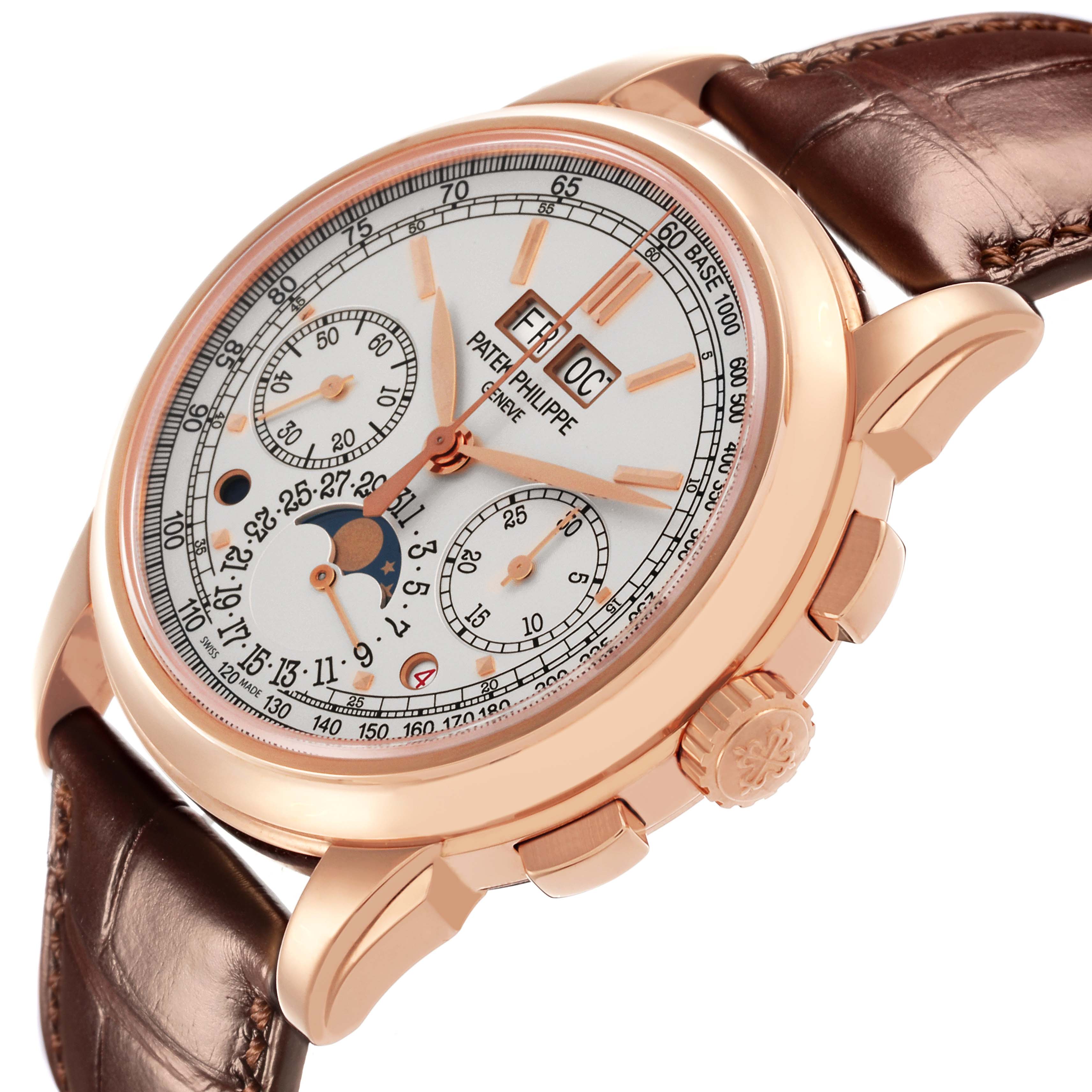 The Patek Philippe Complications 5270R-001 Men's Rose Gold Silver Dial 5270R-001 Men's Rose Gold Silver Dial watch shows a partial side angle with the face, crown, pushers, and leather strap visible.