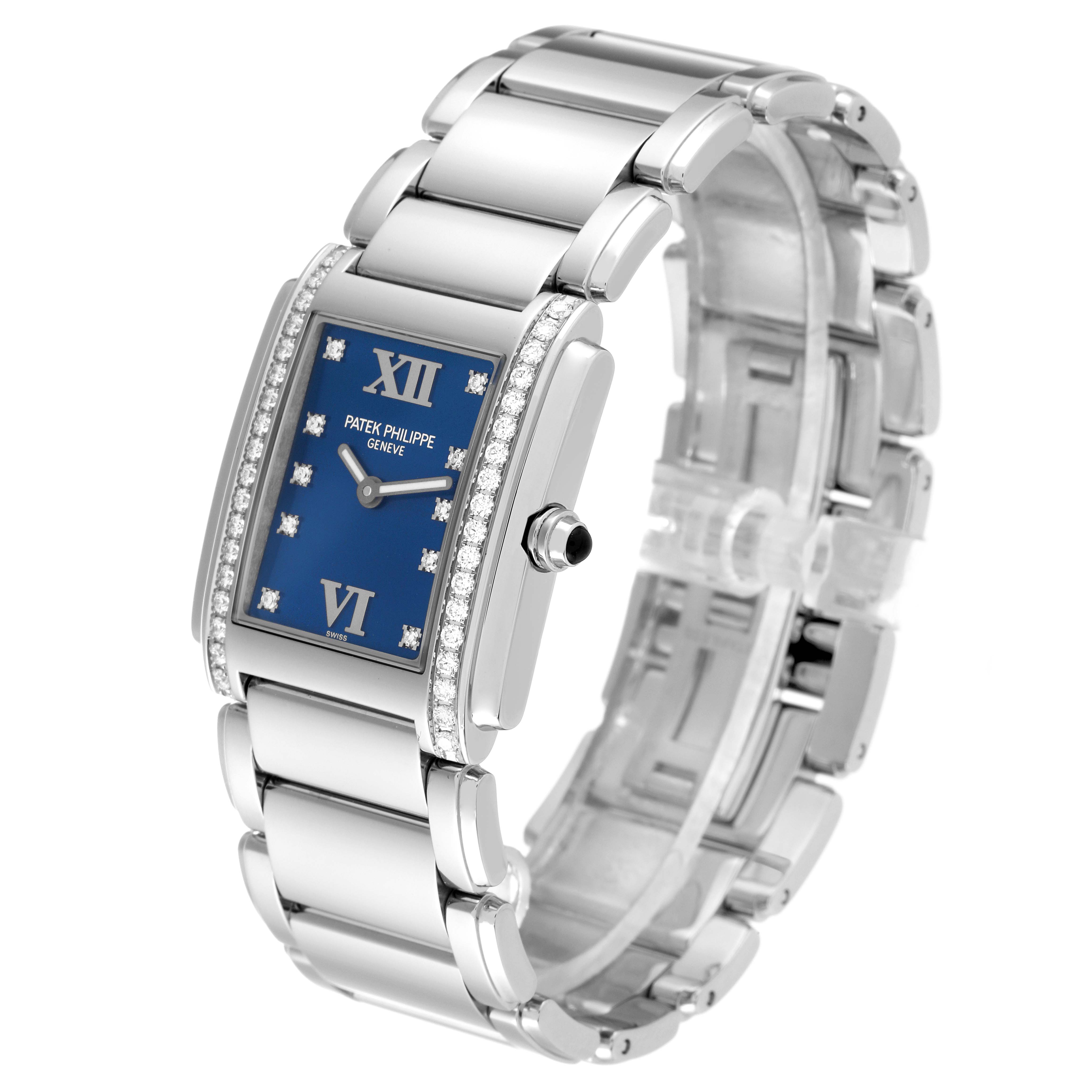 A Patek Philippe Twenty-4 4910/10A-012 Women's Stainless Steel Blue Dial 4910/10A-012 Women's Stainless Steel Blue Dial watch is shown at a slight angle, highlighting its blue dial, diamond bezel, and silver bracelet.