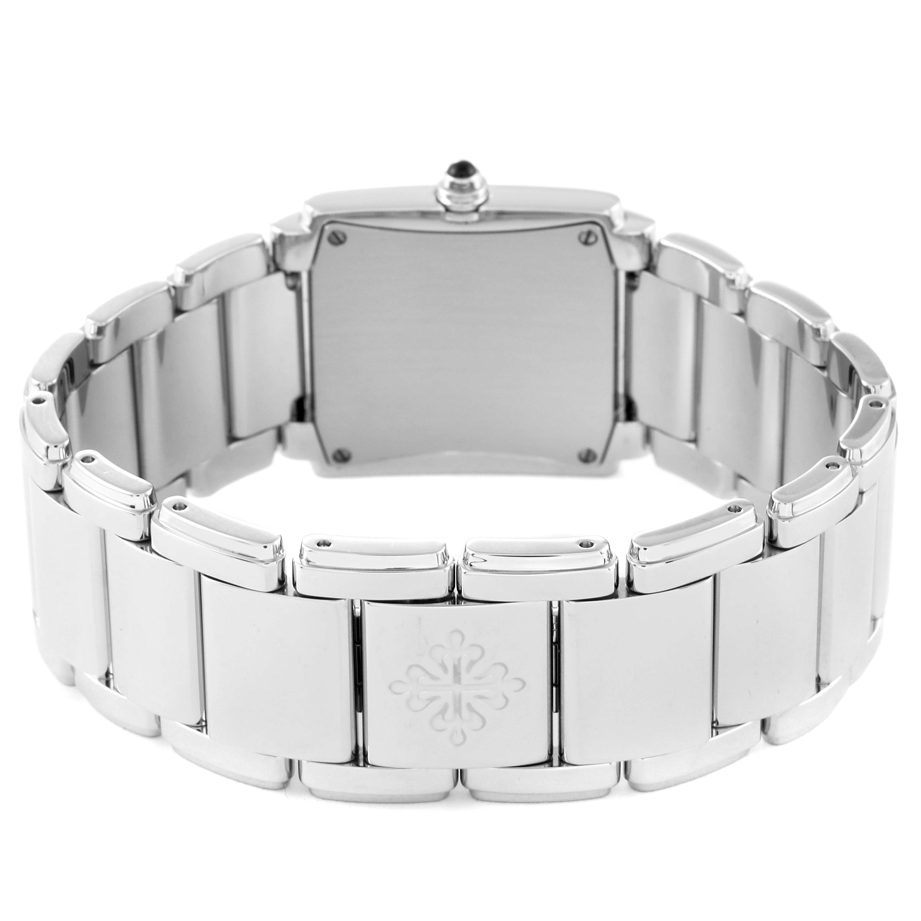 This image shows the back view of the Patek Philippe Twenty-4 4910/10A-012 Women's Stainless Steel Blue Dial 4910/10A-012 Women's Stainless Steel Blue Dial model's case and bracelet, highlighting the clasp and links.