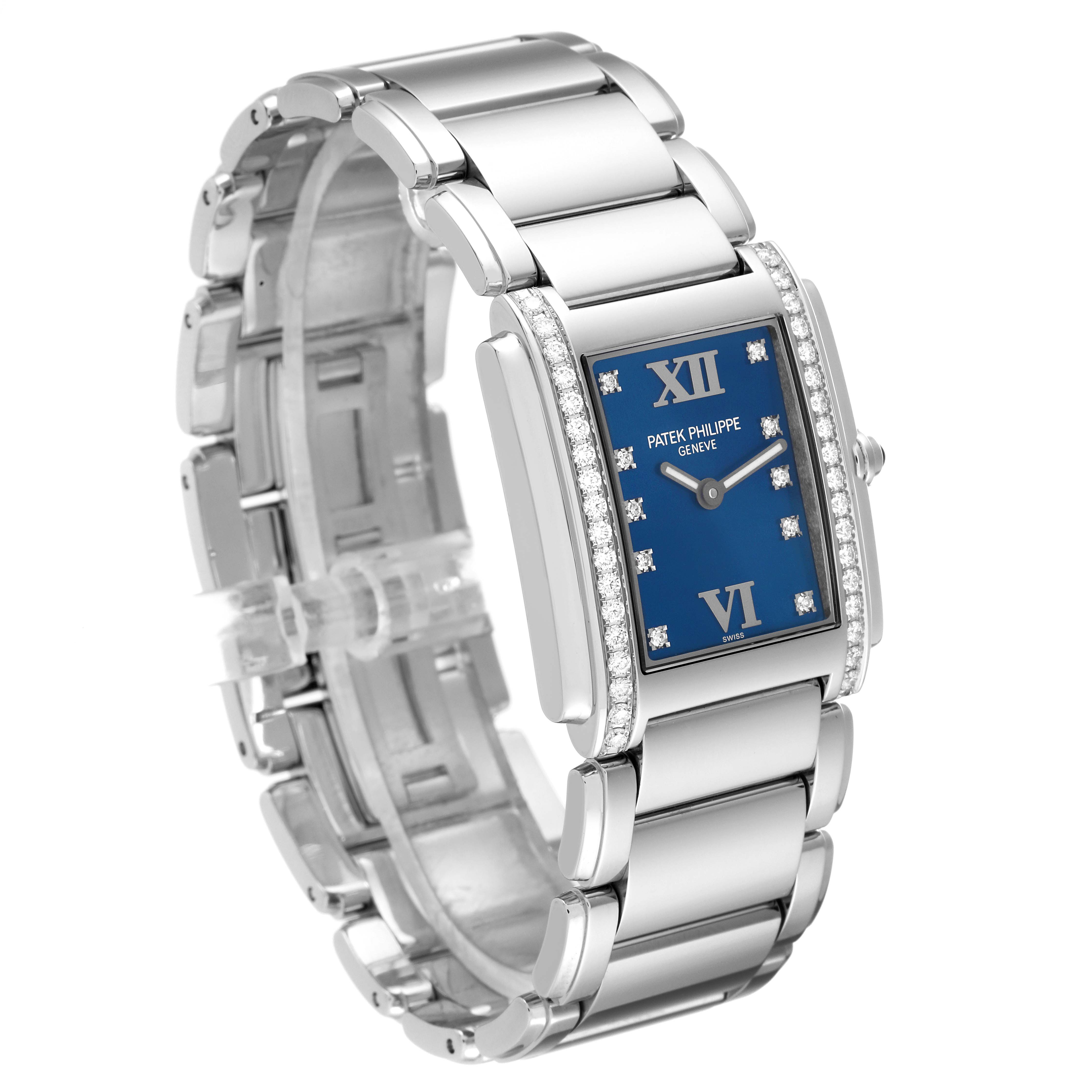 The image shows a Patek Philippe Twenty-4 4910/10A-012 Women's Stainless Steel Blue Dial 4910/10A-012 Women's Stainless Steel Blue Dial watch from an angled front view, highlighting its rectangular blue dial and silver bracelet.