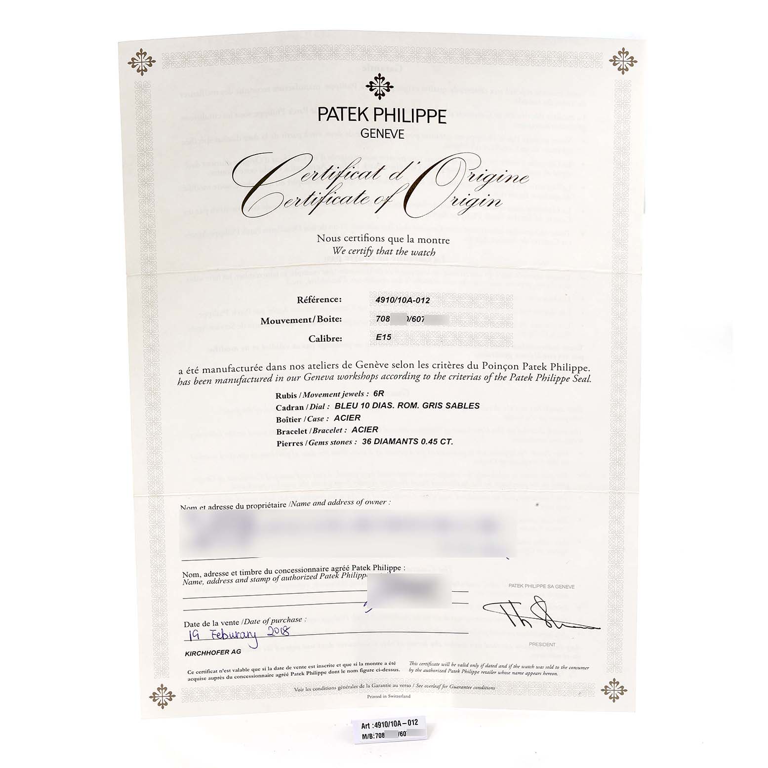 The image shows a Certificate of Origin for a Patek Philippe Twenty-4 4910/10A-012 Women's Stainless Steel Blue Dial 4910/10A-012 Women's Stainless Steel Blue Dial watch model, providing its specifications and certification details.