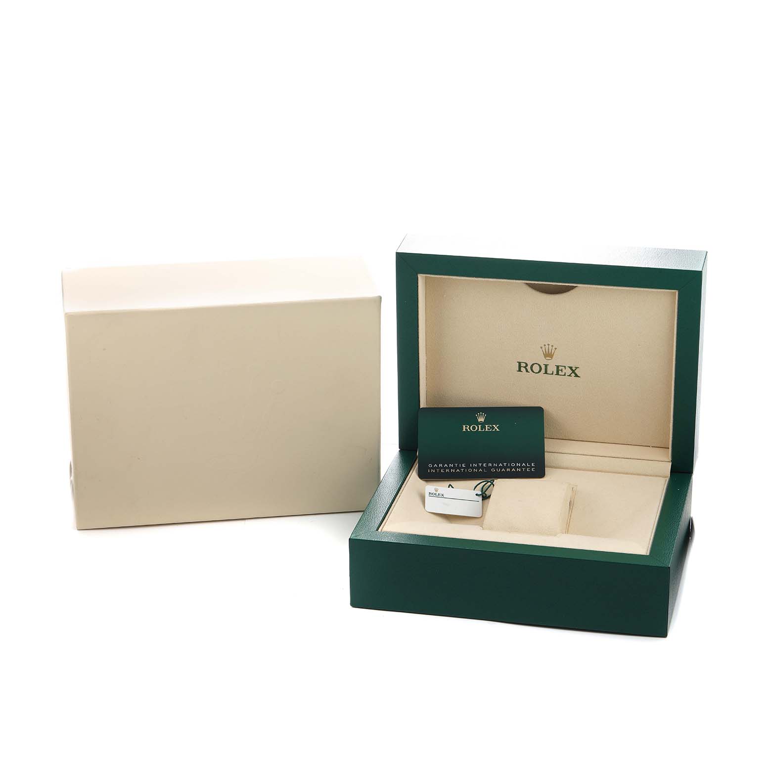 The image shows an open Rolex 1908 52508 Men's Yellow Gold Black Dial watch box with a card and accessories inside, alongside an outer case.