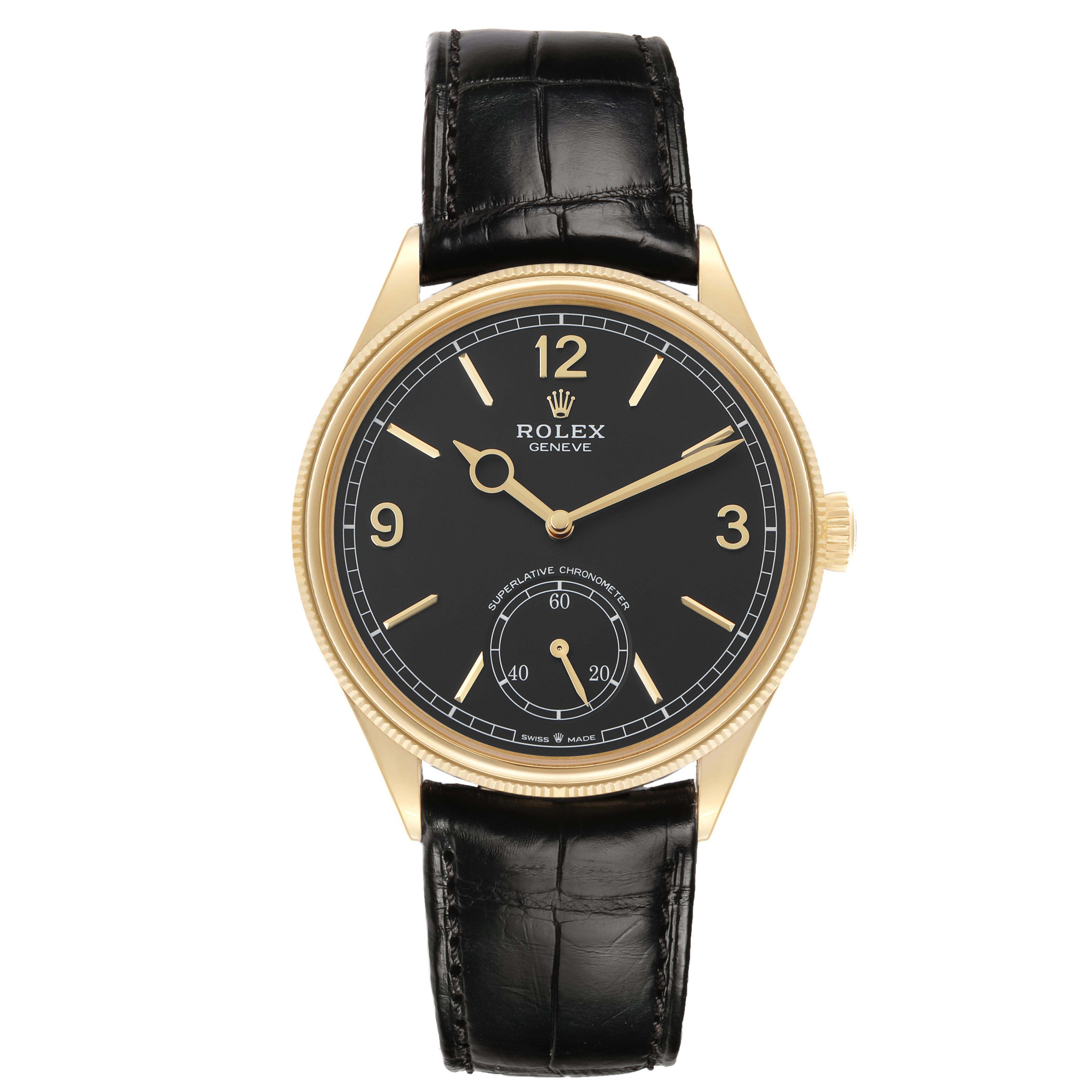 The Rolex 1908 52508 Men's Yellow Gold Black Dial is shown from the front, displaying the black dial, gold case, and black leather strap.