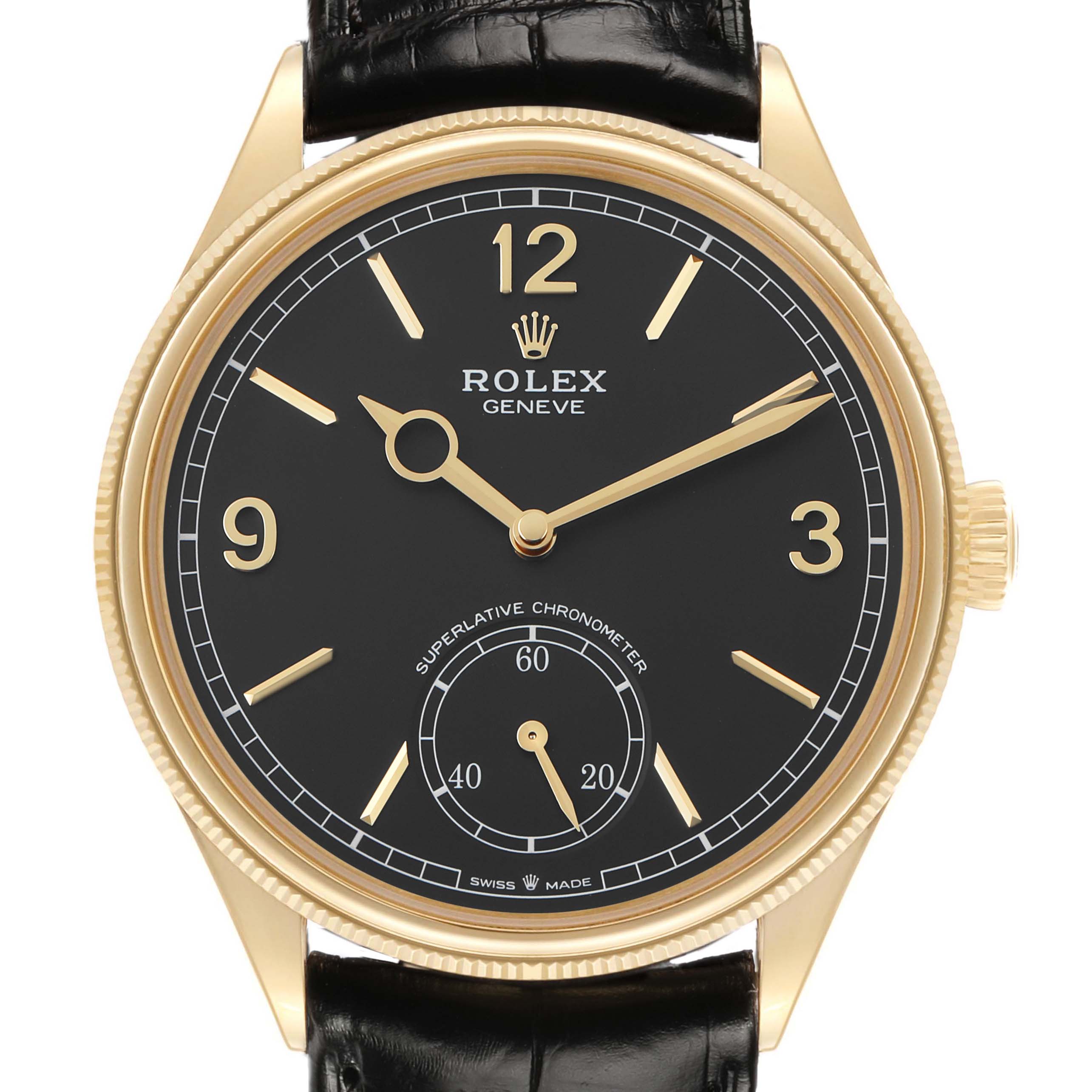 The Rolex 1908 52508 Men's Yellow Gold Black Dial watch is shown from the front, displaying its black dial, gold markers, and leather strap.