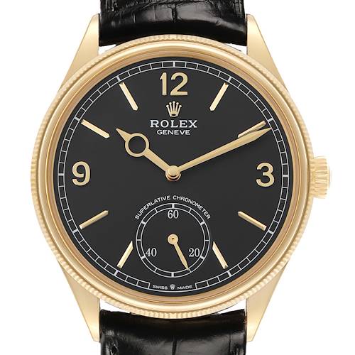 Photo of Rolex 1908 Yellow Gold Black Dial Mens Watch 52508 Box Card