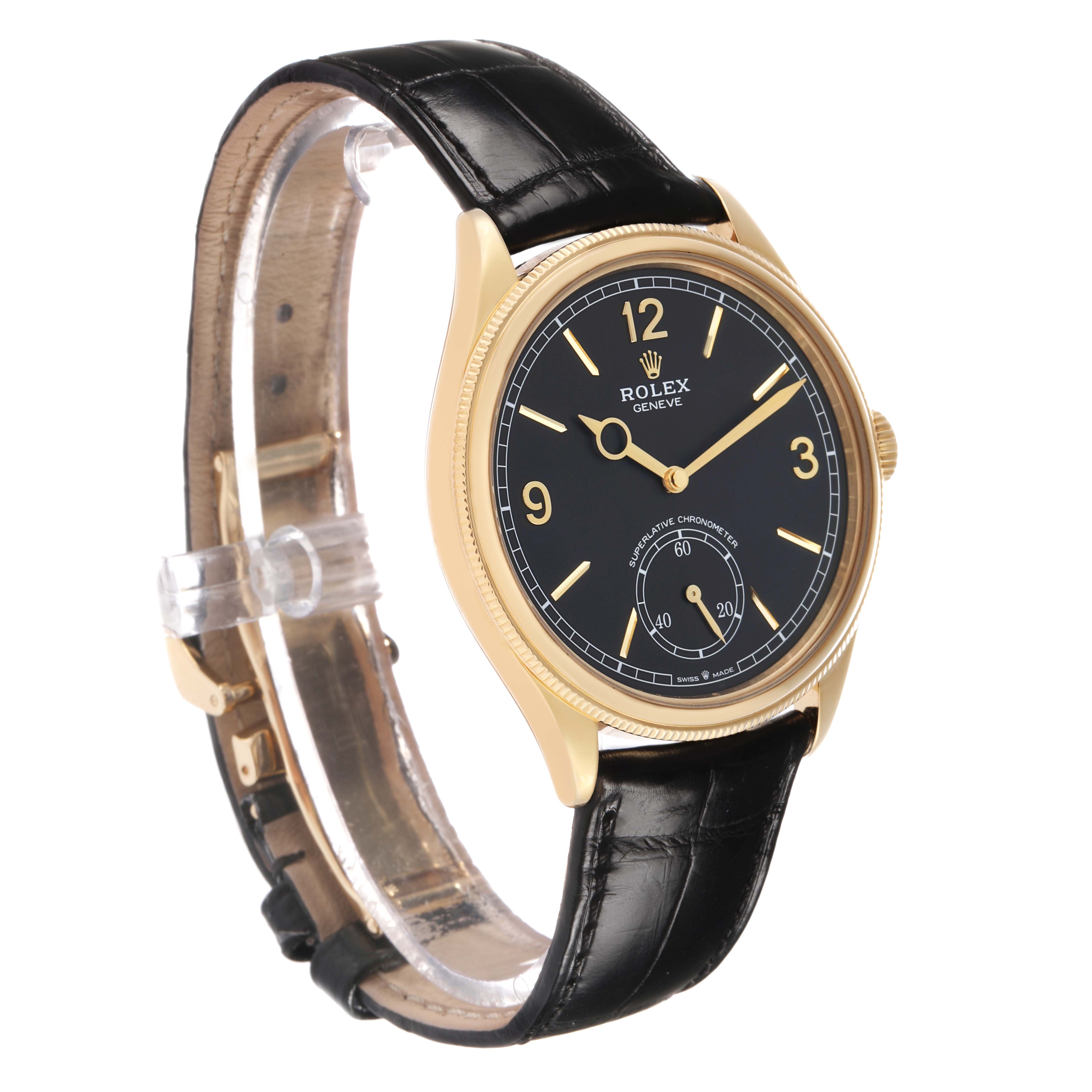 The Rolex 1908 52508 Men's Yellow Gold Black Dial model is shown at a three-quarter angle, highlighting the black dial, gold casing, and leather strap.