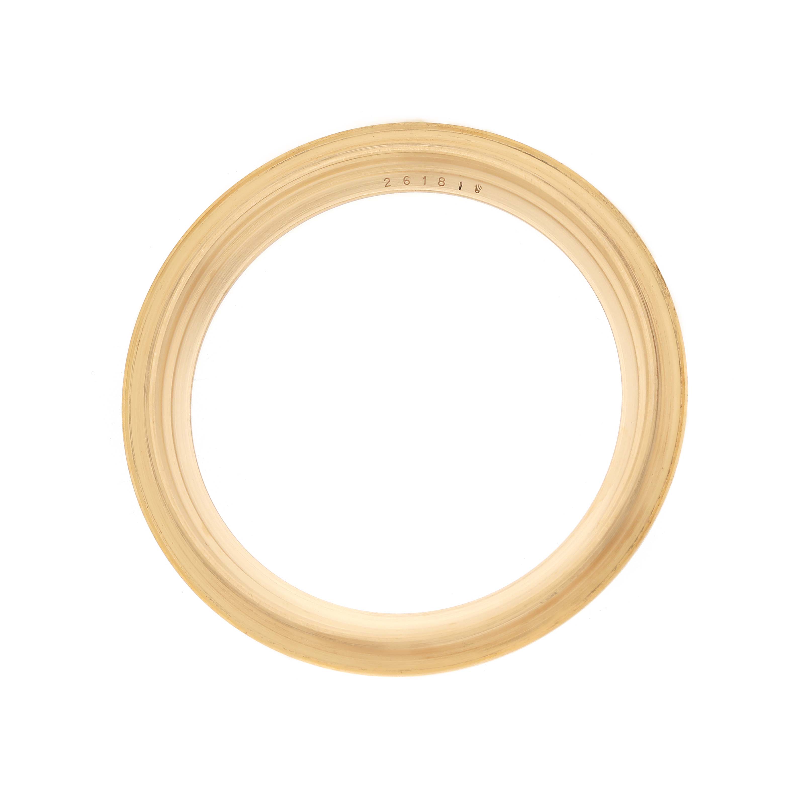 The image shows a top-down view of a gold bezel from a Rolex 1908 52508 Men's Yellow Gold Black Dial model.