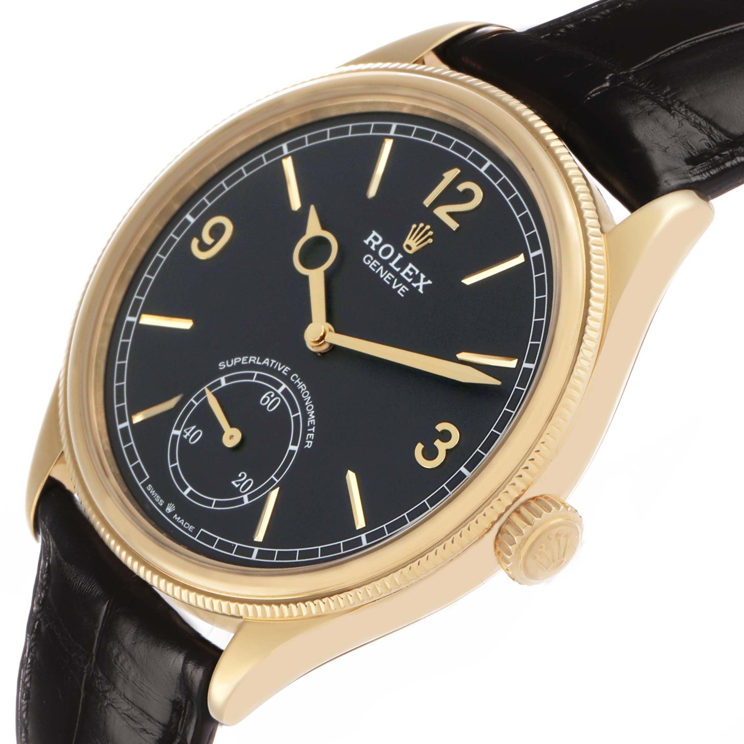 The Rolex 1908 52508 Men's Yellow Gold Black Dial is shown at an angle highlighting its black dial, gold numerals, and leather strap, with a side view of the crown.