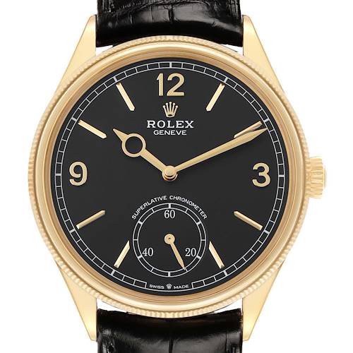 The 1908 Rolex watch is shown from the front, featuring a black dial, gold case, and leather strap.
