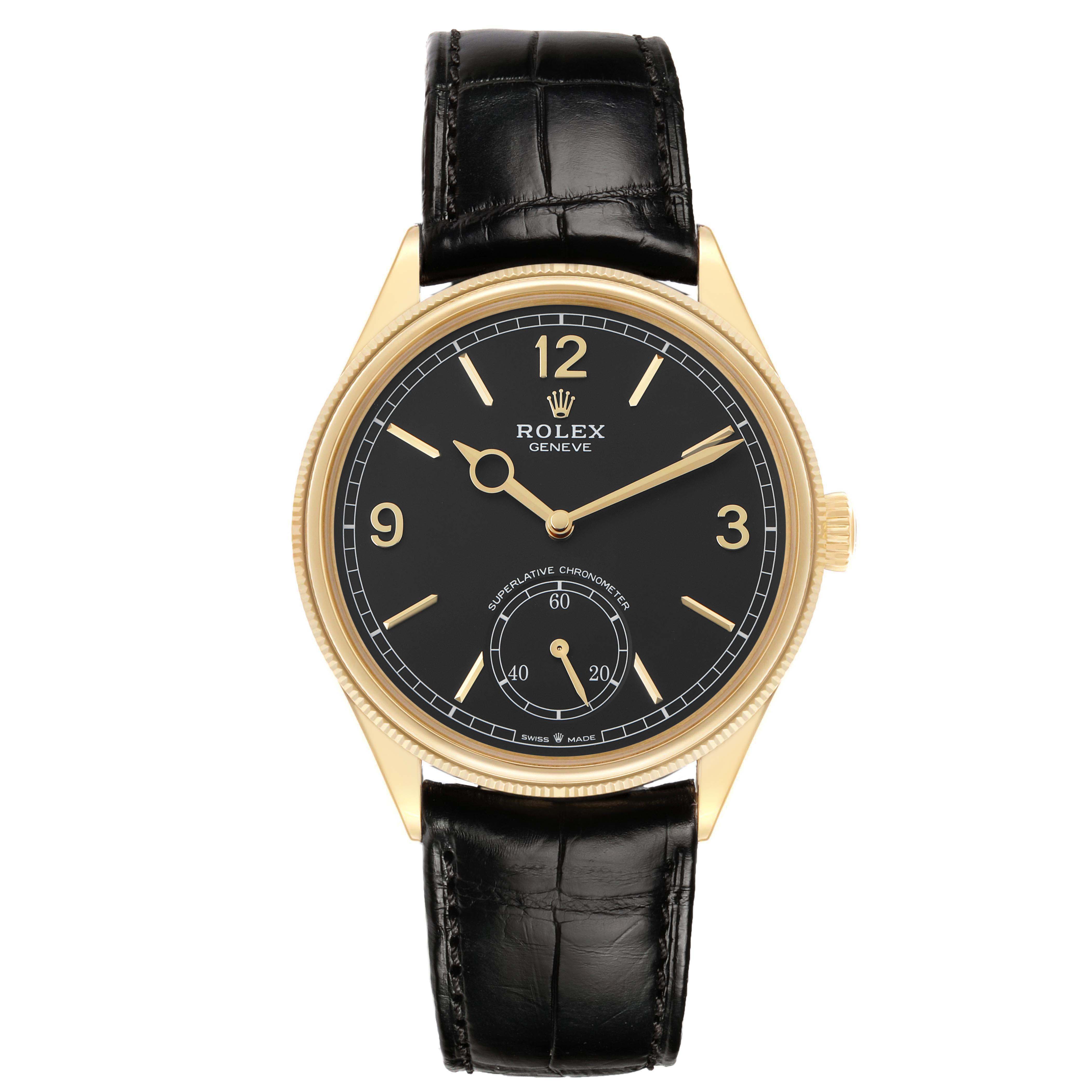 The Rolex 1908 52508 Men's Yellow Gold Black Dial model is shown from the front, highlighting the watch face, gold case, and black leather strap.