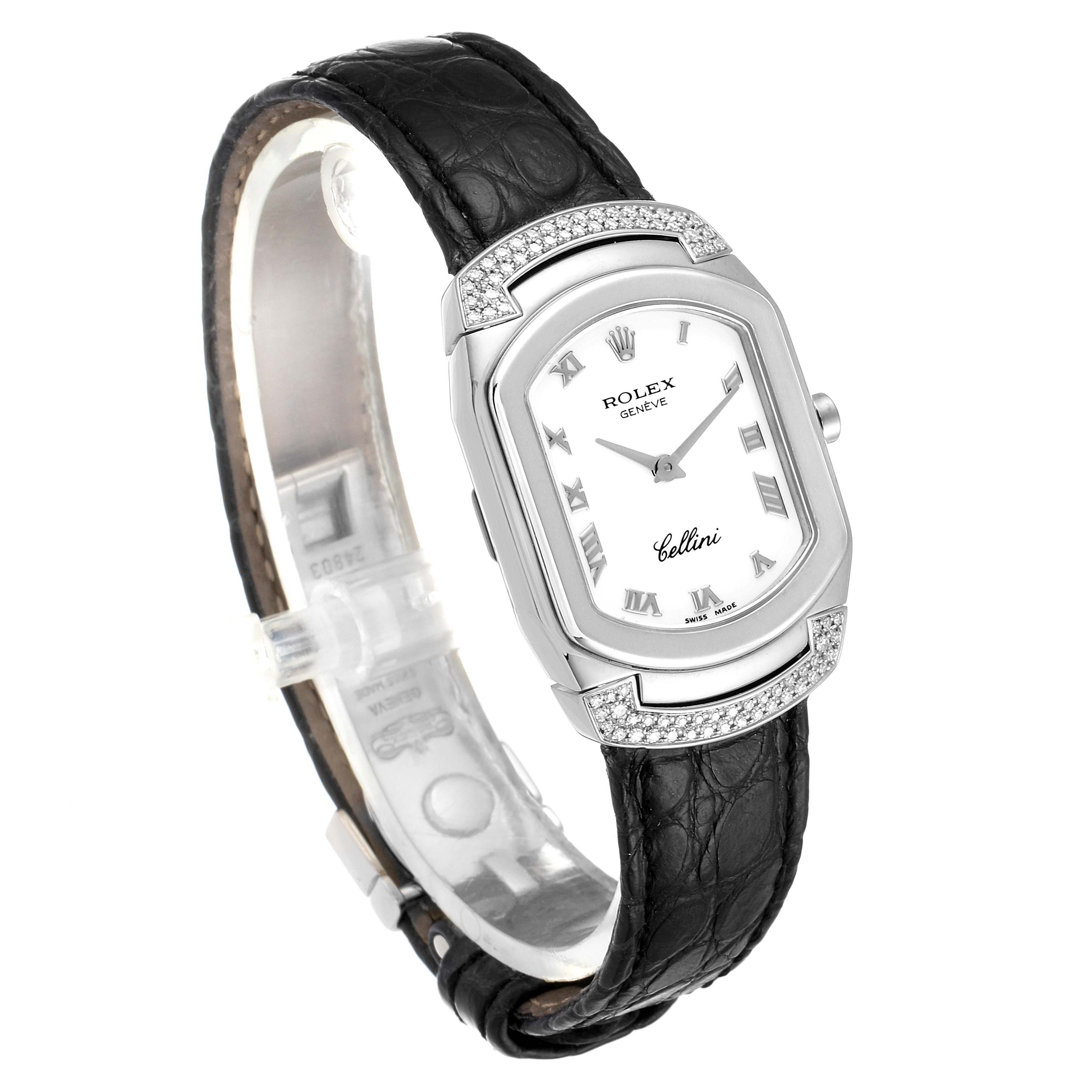 This image shows a Rolex Cellini 6692 Women's White Gold White Dial 6692 Women's White Gold White Dial watch at a three-quarter angle with a focus on the face, bezel, and leather strap.