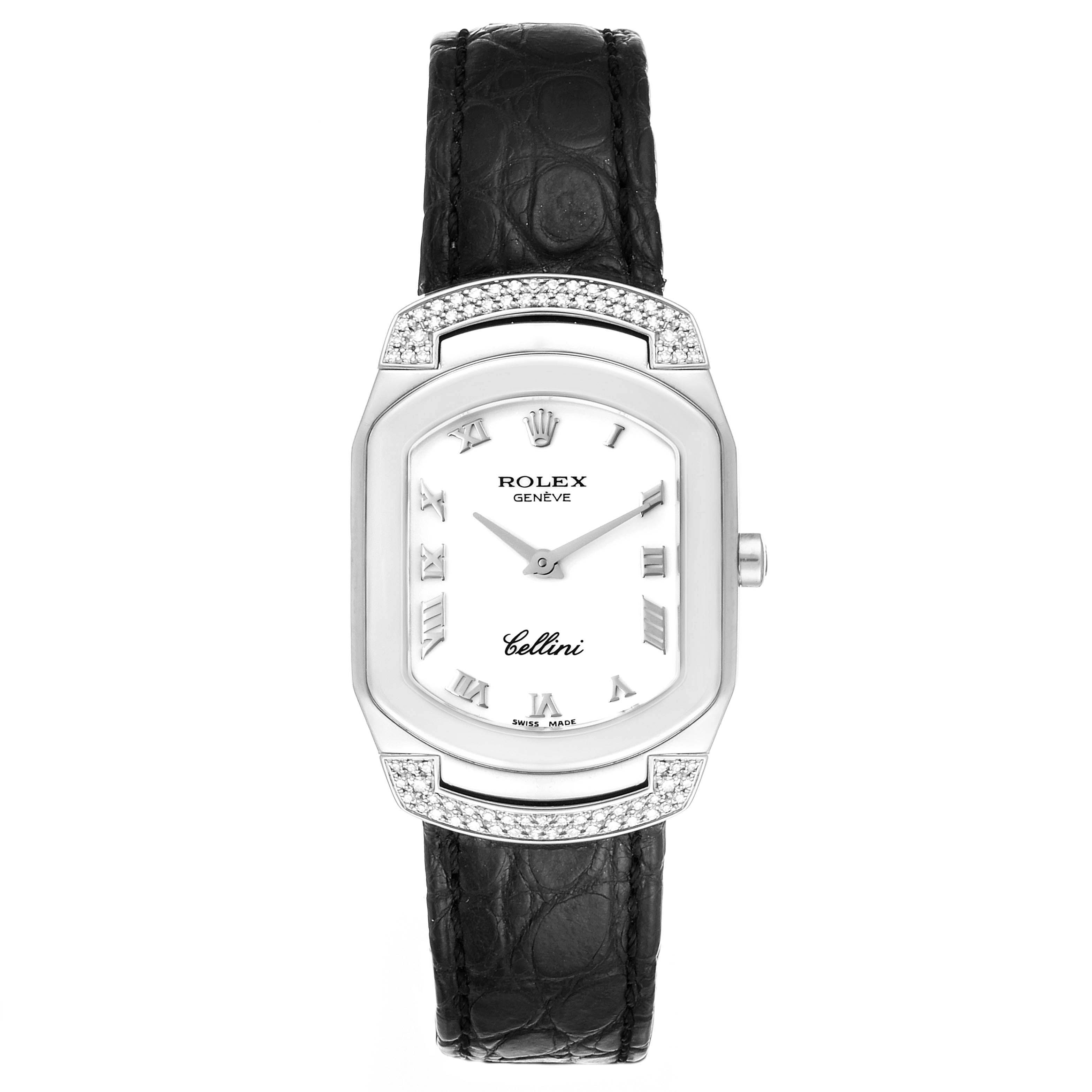 The image shows a front view of the Rolex Cellini 6692 Women's White Gold White Dial 6692 Women's White Gold White Dial watch, displaying its dial, bezel, and leather strap.