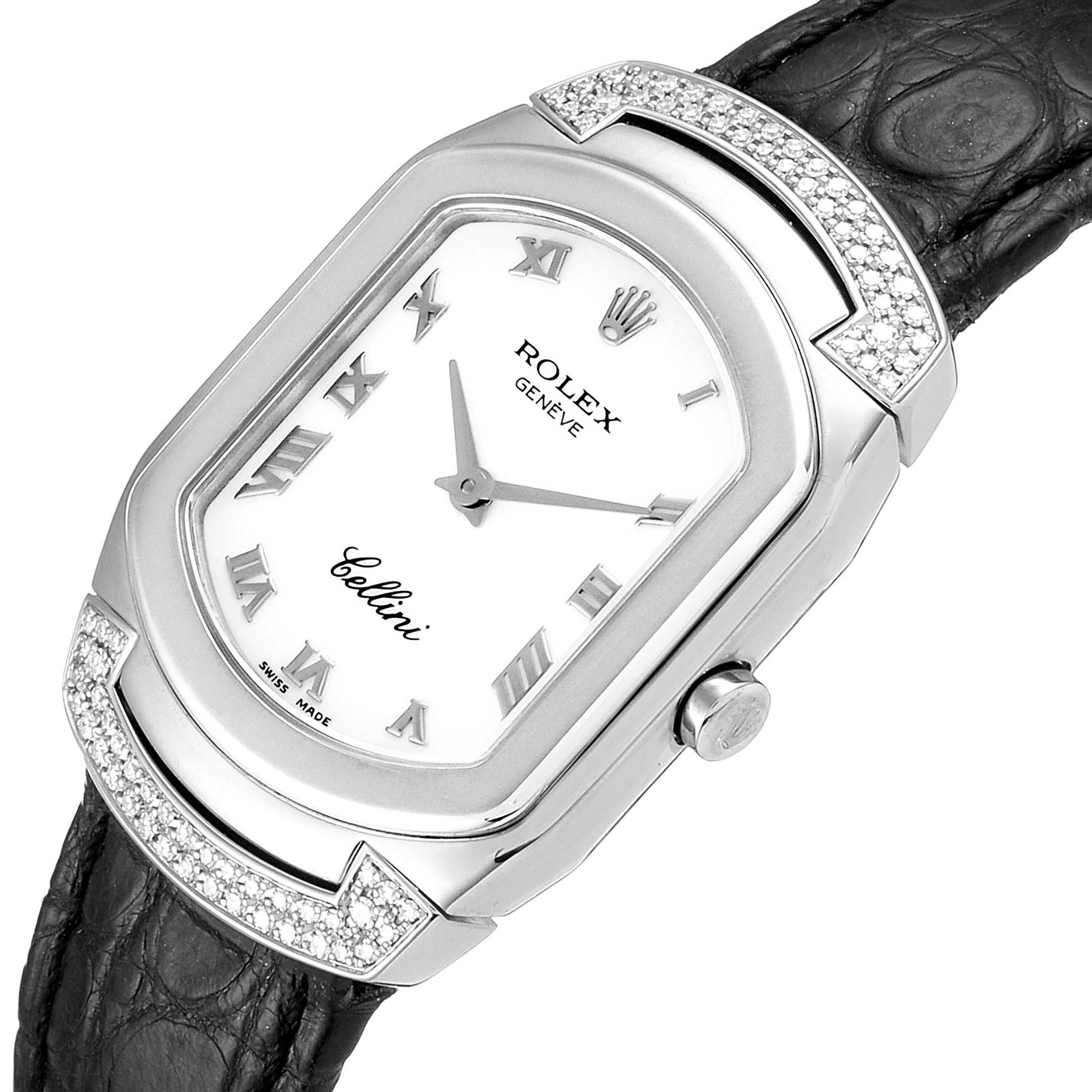 The image shows a Rolex Cellini 6692 Women's White Gold White Dial 6692 Women's White Gold White Dial watch at a three-quarter angle, highlighting its dial, bezel, crown, and leather strap.