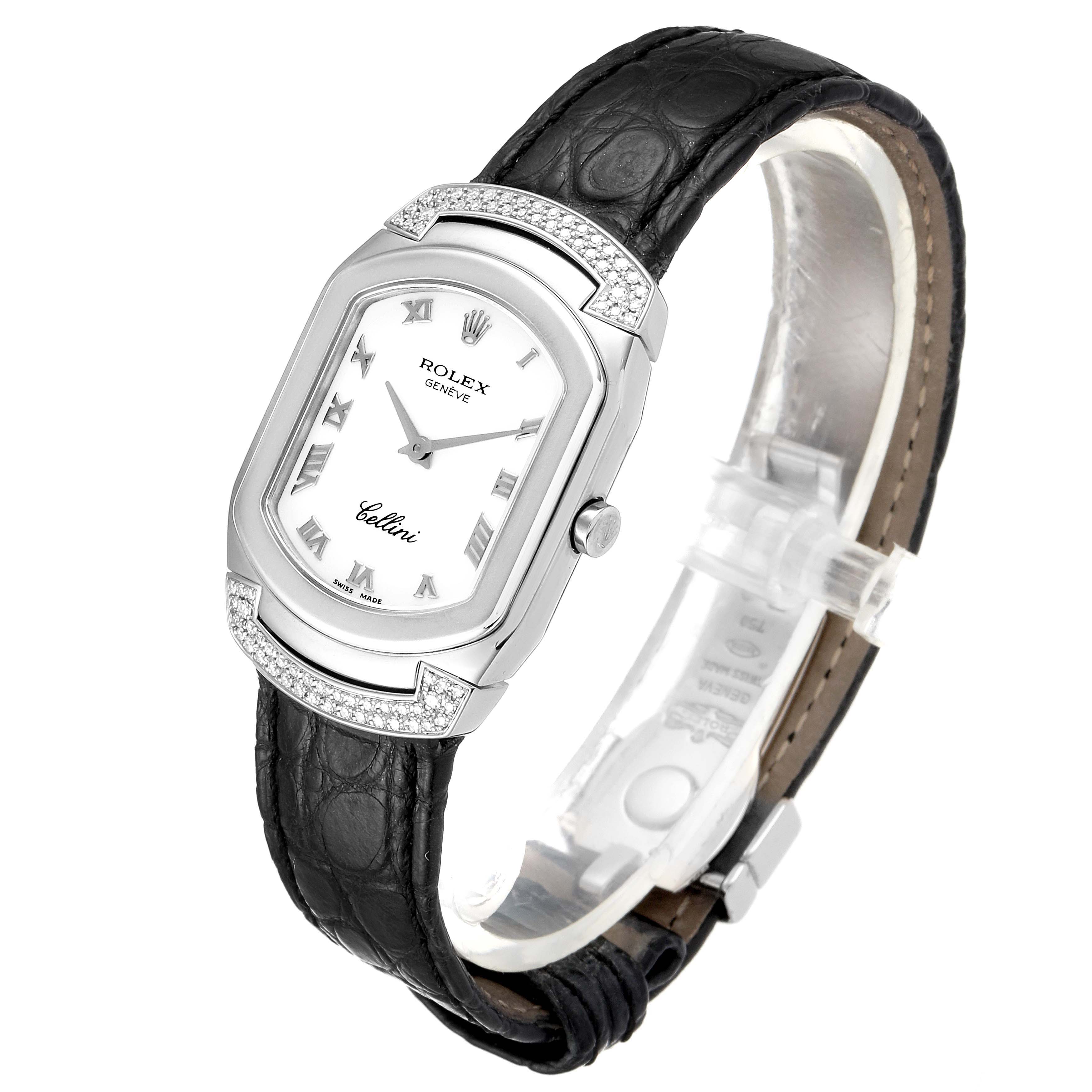 The image shows a Rolex Cellini 6692 Women's White Gold White Dial 6692 Women's White Gold White Dial watch from a right angle, highlighting its black leather strap, white dial, and diamond-set bezel.