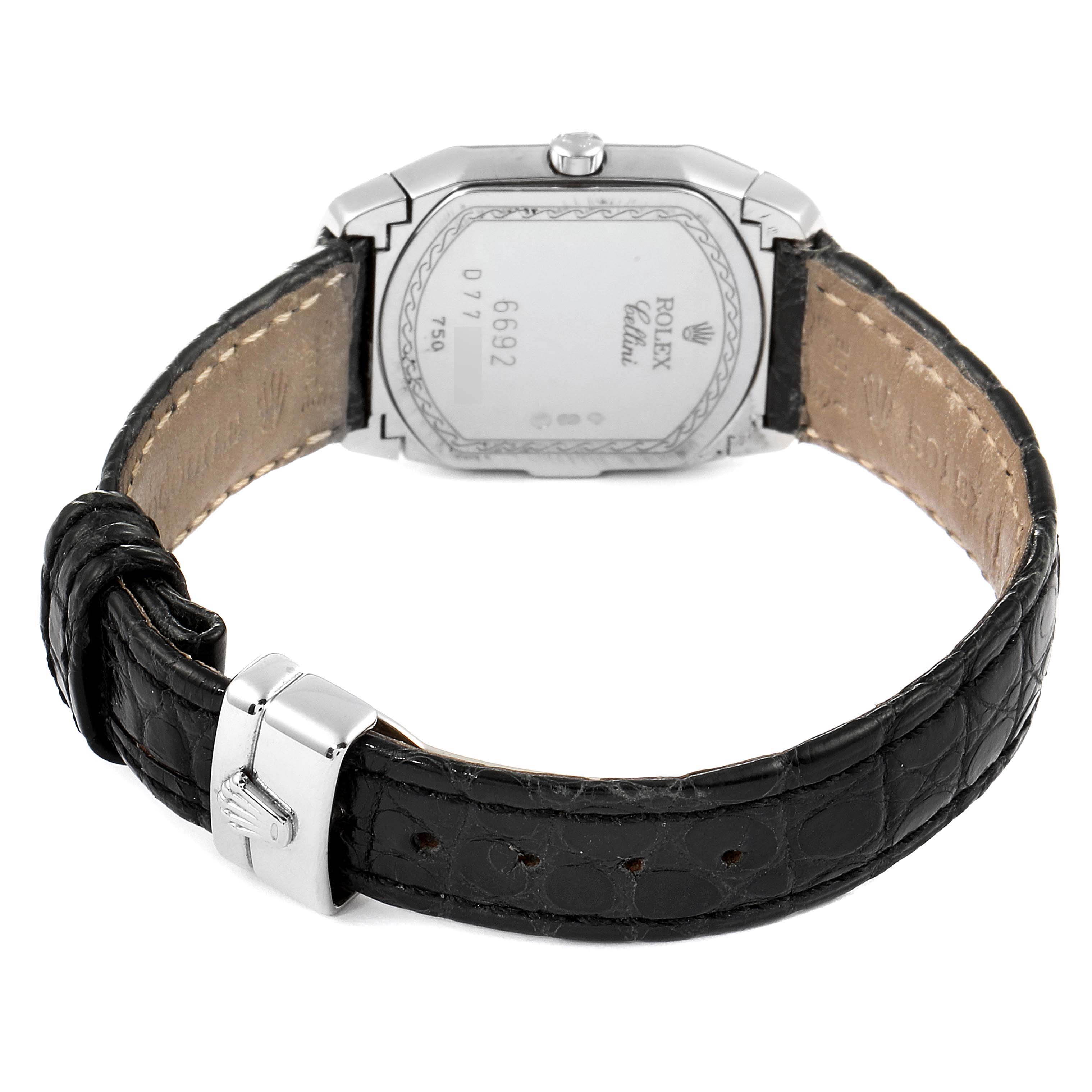 The image shows the back view of a Rolex Cellini 6692 Women's White Gold White Dial 6692 Women's White Gold White Dial watch, highlighting the case back, leather strap, and clasp.