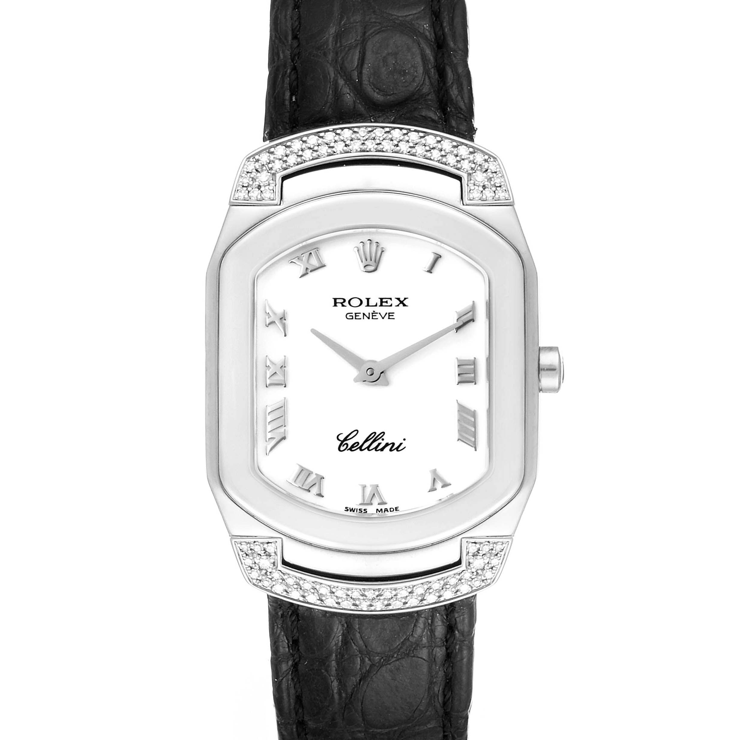 The Rolex Cellini 6692 Women's White Gold White Dial 6692 Women's White Gold White Dial watch is shown from a front angle, displaying its dial, hands, case, and leather strap.