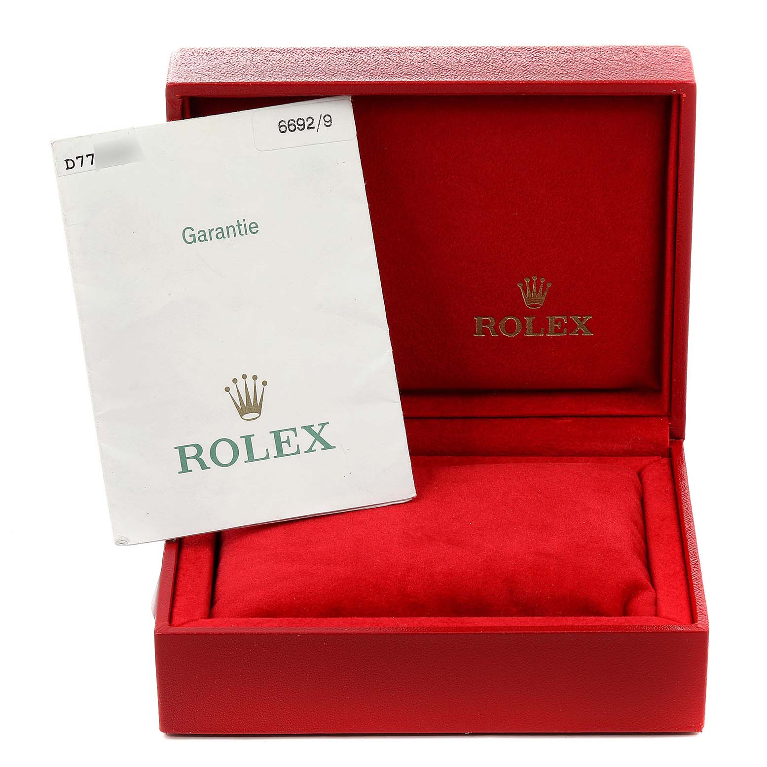 The image shows a red Rolex watch box and Garantie booklet for the Cellini model by Rolex, with no watch present.