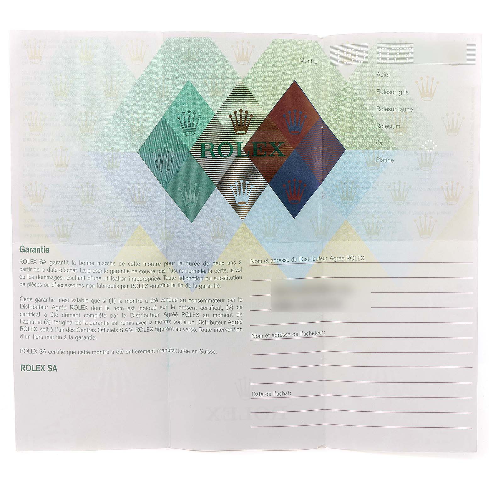 This is an image of the warranty document for a Rolex Cellini 6692 Women's White Gold White Dial 6692 Women's White Gold White Dial watch, showing brand logos and text fields for purchaser details.