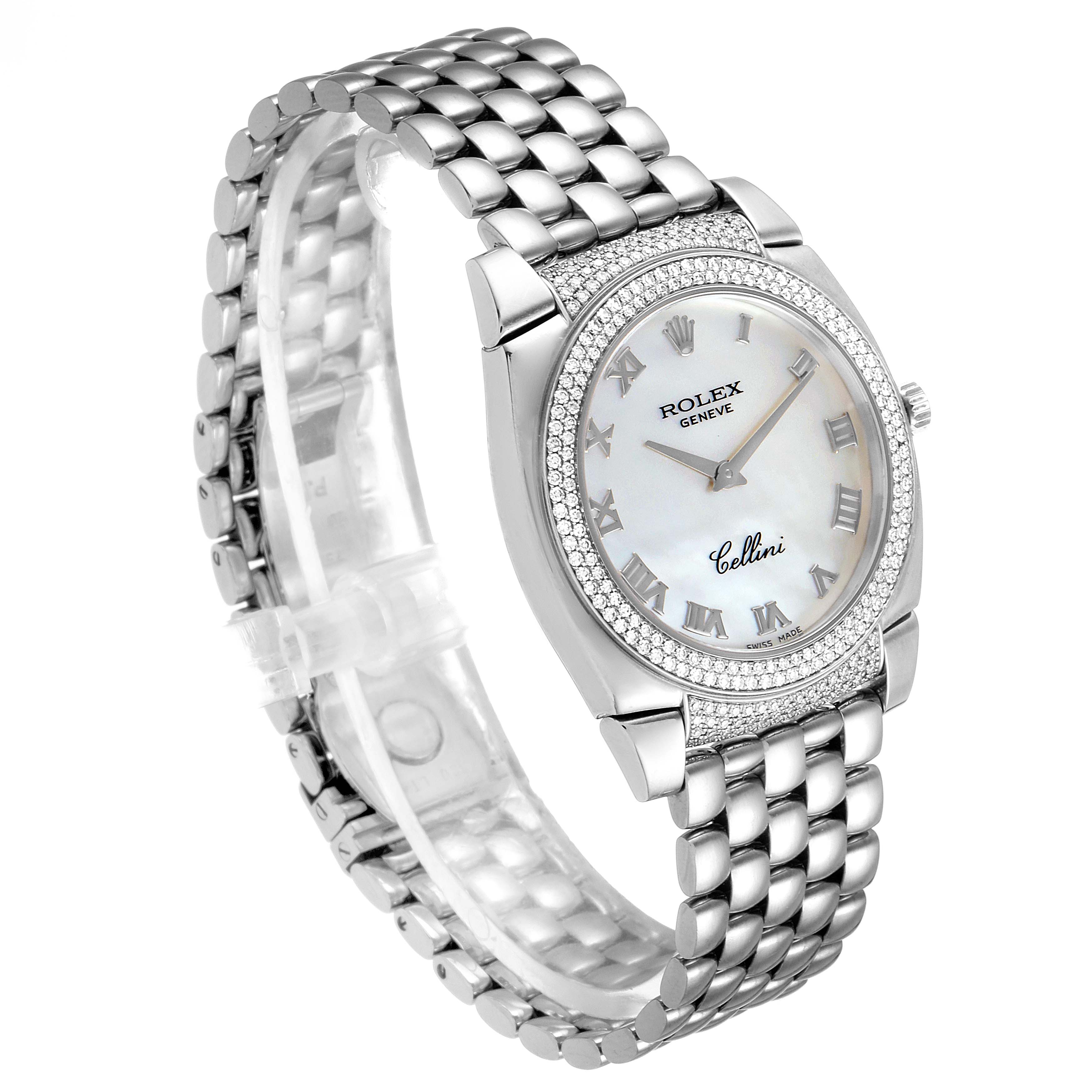 This image shows a Rolex Cellini 6321 Women's White Gold Mother of Pearl Dial 6321 Women's White Gold Mother of Pearl Dial watch at a three-quarter angle, displaying the face, bezel, and bracelet of the watch.