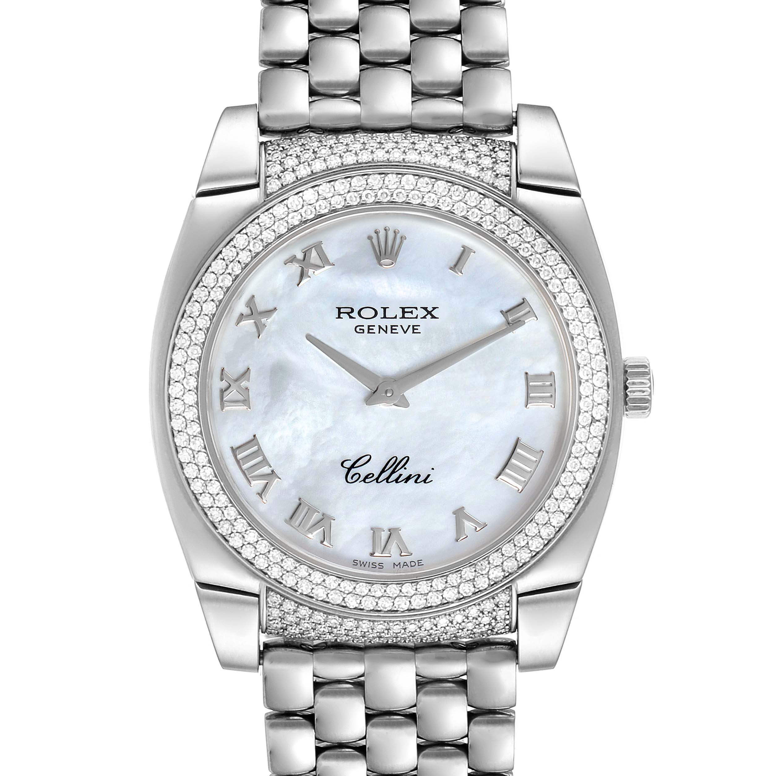 The image shows a front view of the Rolex Cellini 6321 Women's White Gold Mother of Pearl Dial 6321 Women's White Gold Mother of Pearl Dial watch, showcasing its face, bezel, and part of its bracelet.
