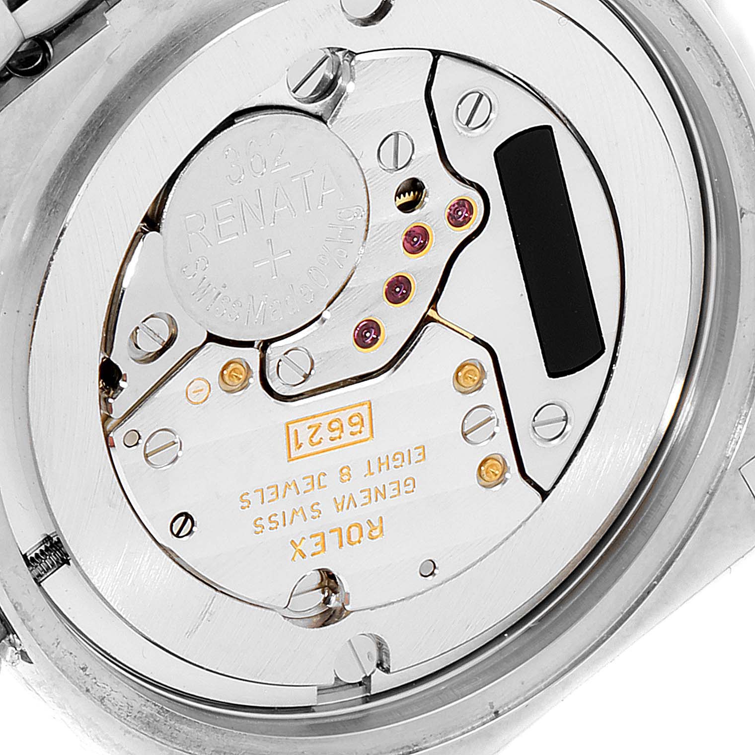 This image shows a close-up of the movement mechanism inside a Rolex Cellini 6321 Women's White Gold Mother of Pearl Dial 6321 Women's White Gold Mother of Pearl Dial watch.