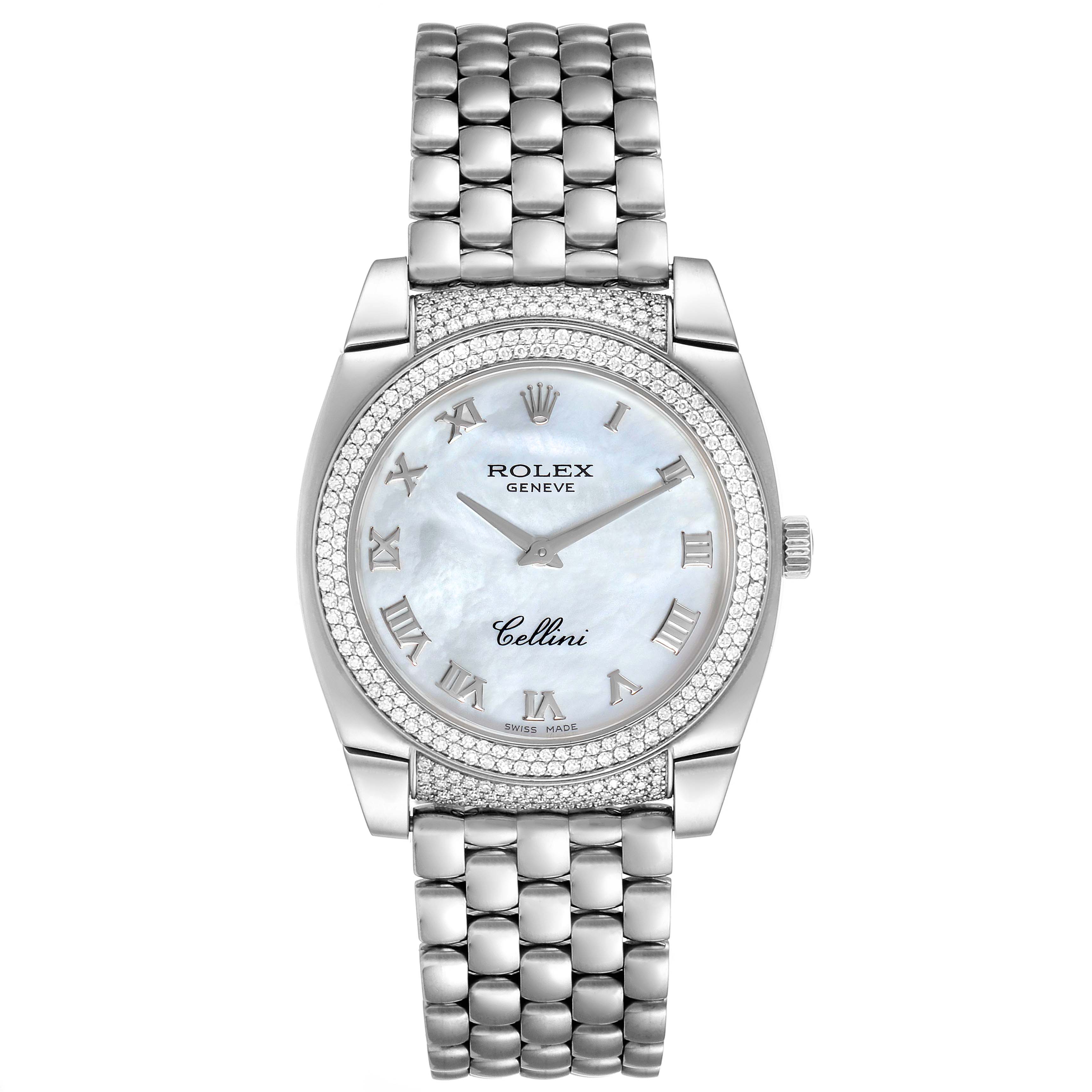 The image shows a Rolex Cellini 6321 Women's White Gold Mother of Pearl Dial 6321 Women's White Gold Mother of Pearl Dial model watch, featuring its face, dial, bezel, crown, and bracelet from a frontal angle.