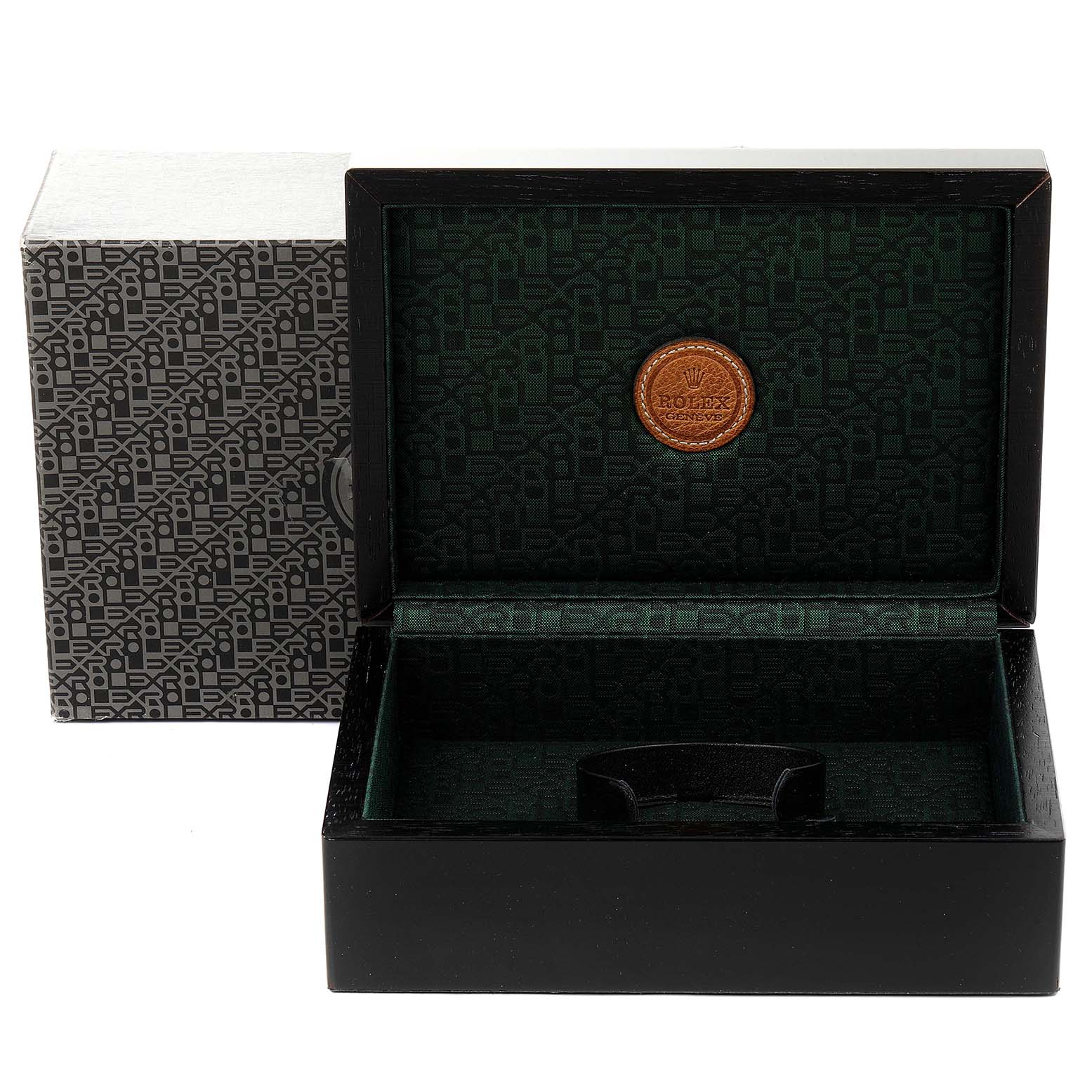 This image shows an open Rolex Cellini 6321 Women's White Gold Mother of Pearl Dial 6321 Women's White Gold Mother of Pearl Dial watch box with its branded patterned interior and an outer sleeve.