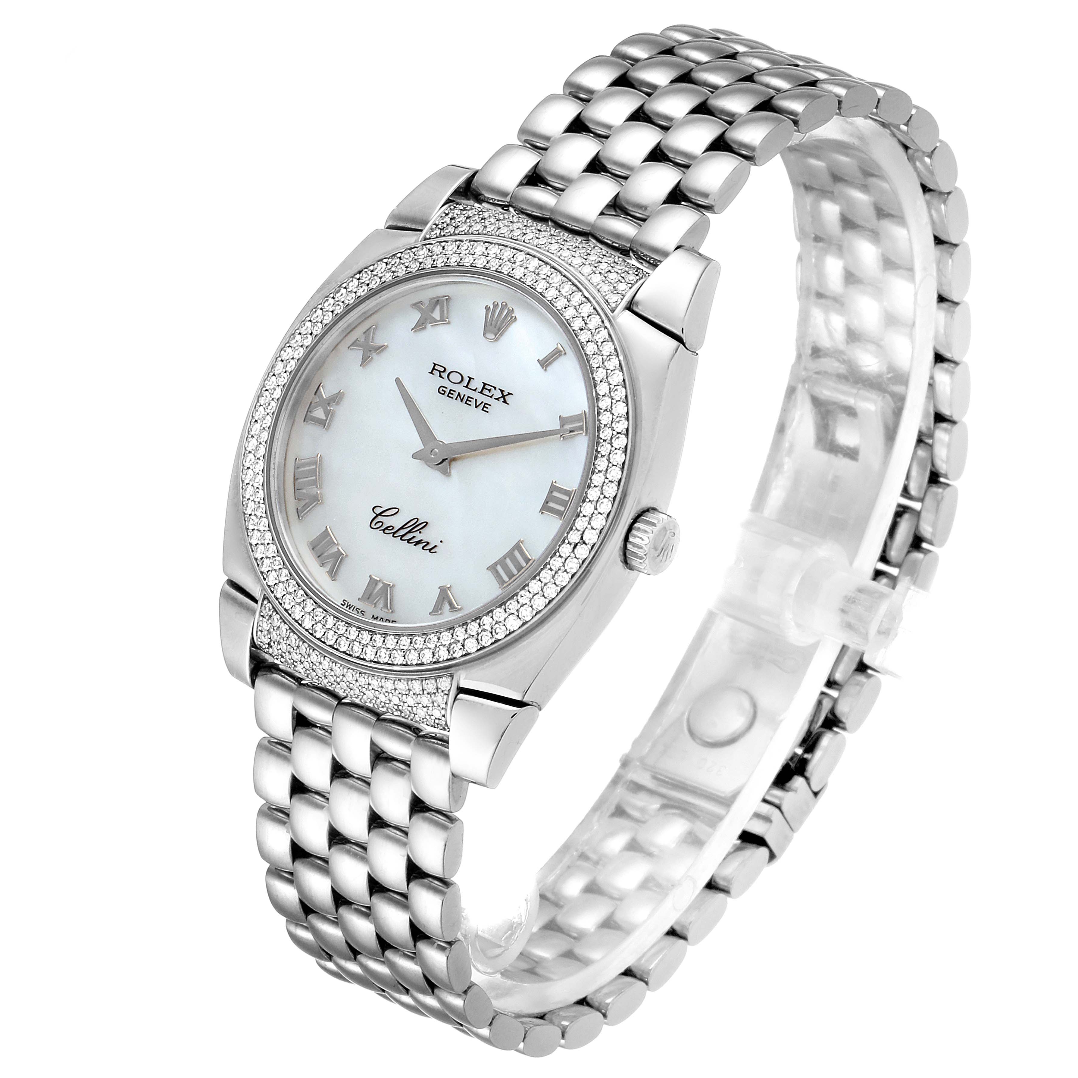 The image shows a Rolex Cellini 6321 Women's White Gold Mother of Pearl Dial 6321 Women's White Gold Mother of Pearl Dial watch angled to display the face, bezel, and bracelet.