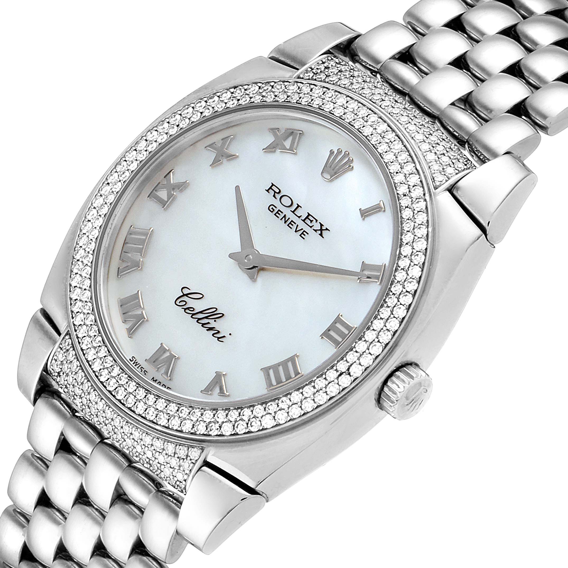 The angle shows a close-up of the Rolex Cellini 6321 Women's White Gold Mother of Pearl Dial 6321 Women's White Gold Mother of Pearl Dial watch face, bezel, and part of the bracelet.