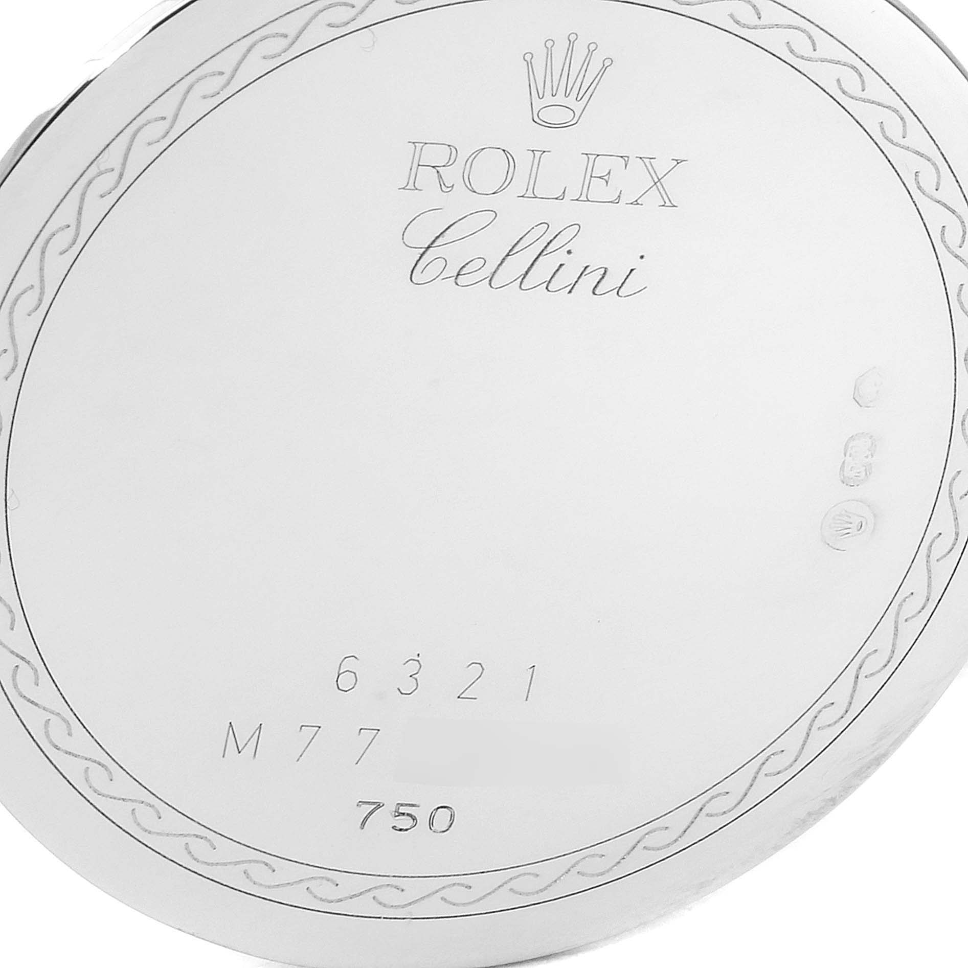 This image shows the engraved back casing of a Rolex Cellini 6321 Women's White Gold Mother of Pearl Dial 6321 Women's White Gold Mother of Pearl Dial watch, displaying the model name and other inscriptions.