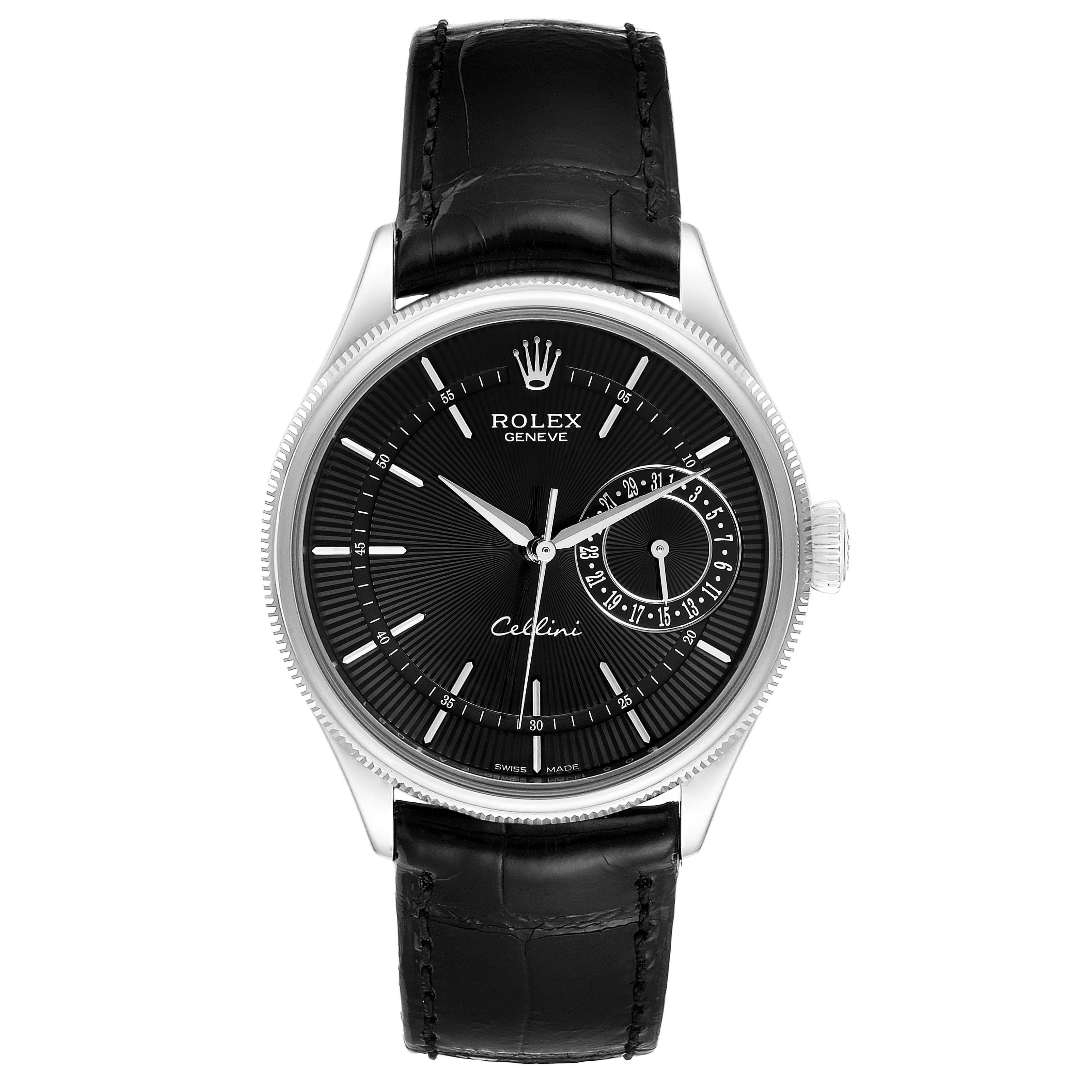 This image shows a front view of a Rolex Cellini 50519 Men's White Gold Black Dial 50519 Men's White Gold Black Dial watch, highlighting the black dial, leather strap, and date sub-dial.