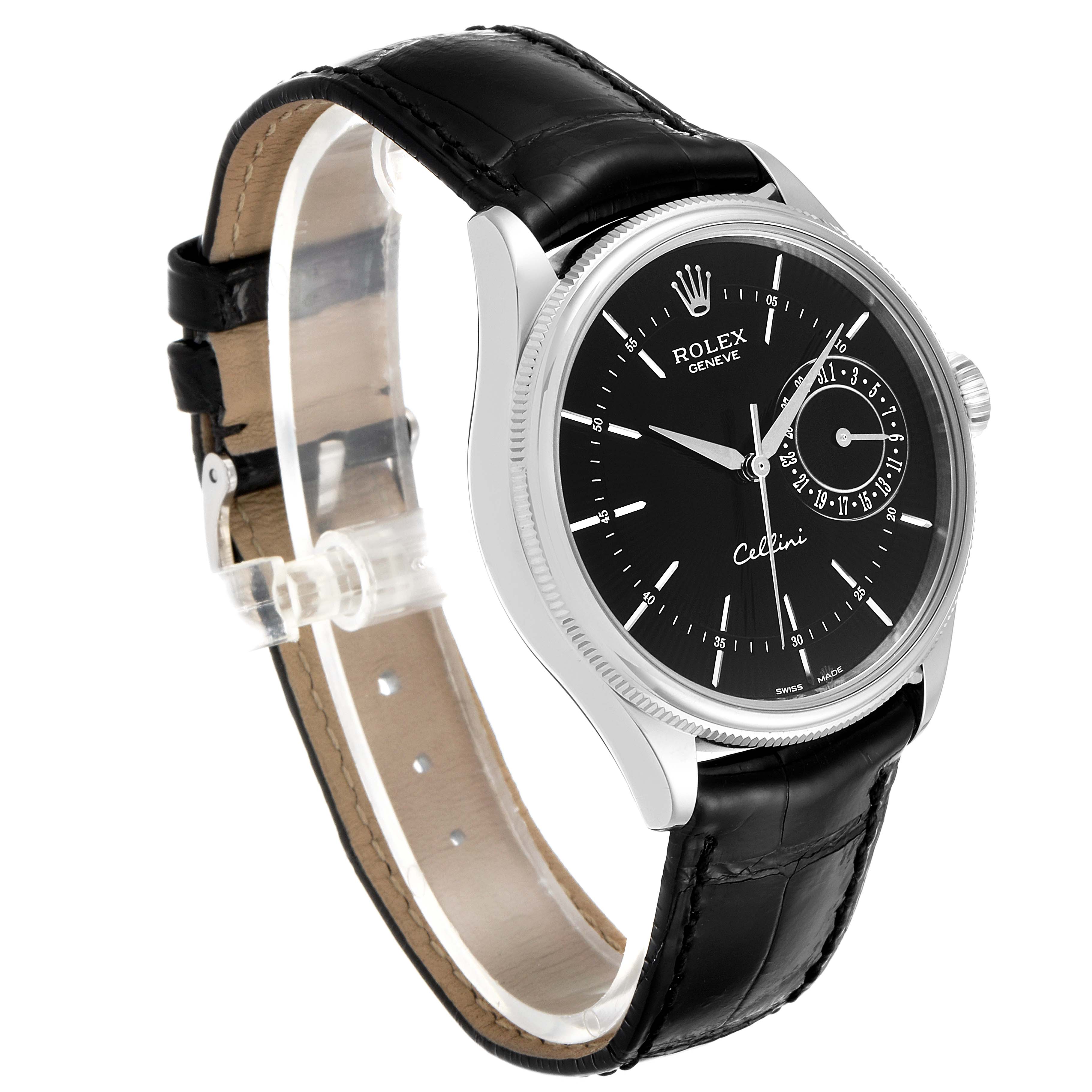 The image shows a Rolex Cellini 50519 Men's White Gold Black Dial 50519 Men's White Gold Black Dial watch at a three-quarter angle, highlighting its black dial, case, crown, and leather strap.